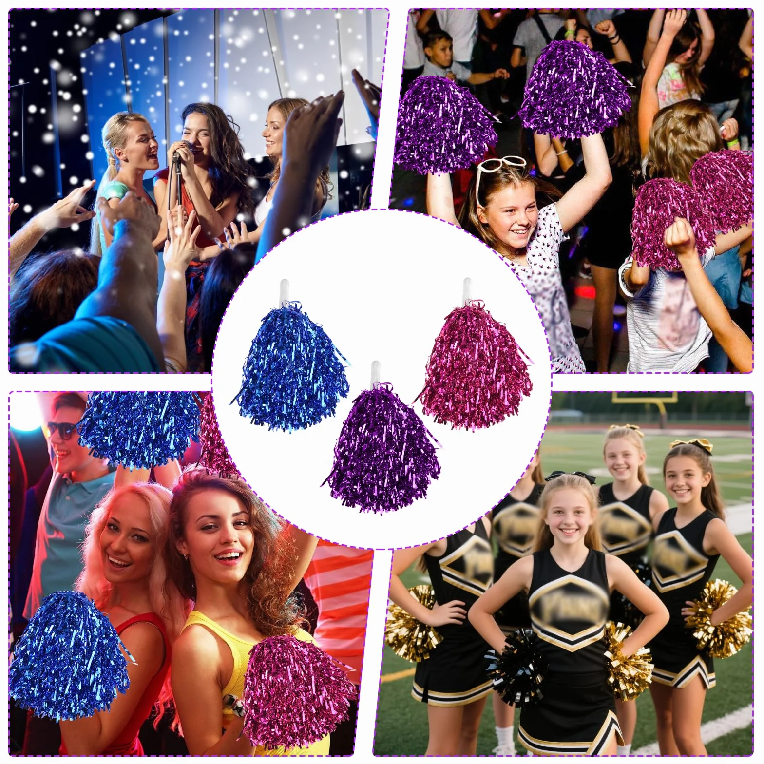 Pompones de Animadora 6 Piezas con Mango Azul/Violeta/Magenta para Eventos Deportivos y Fiestas