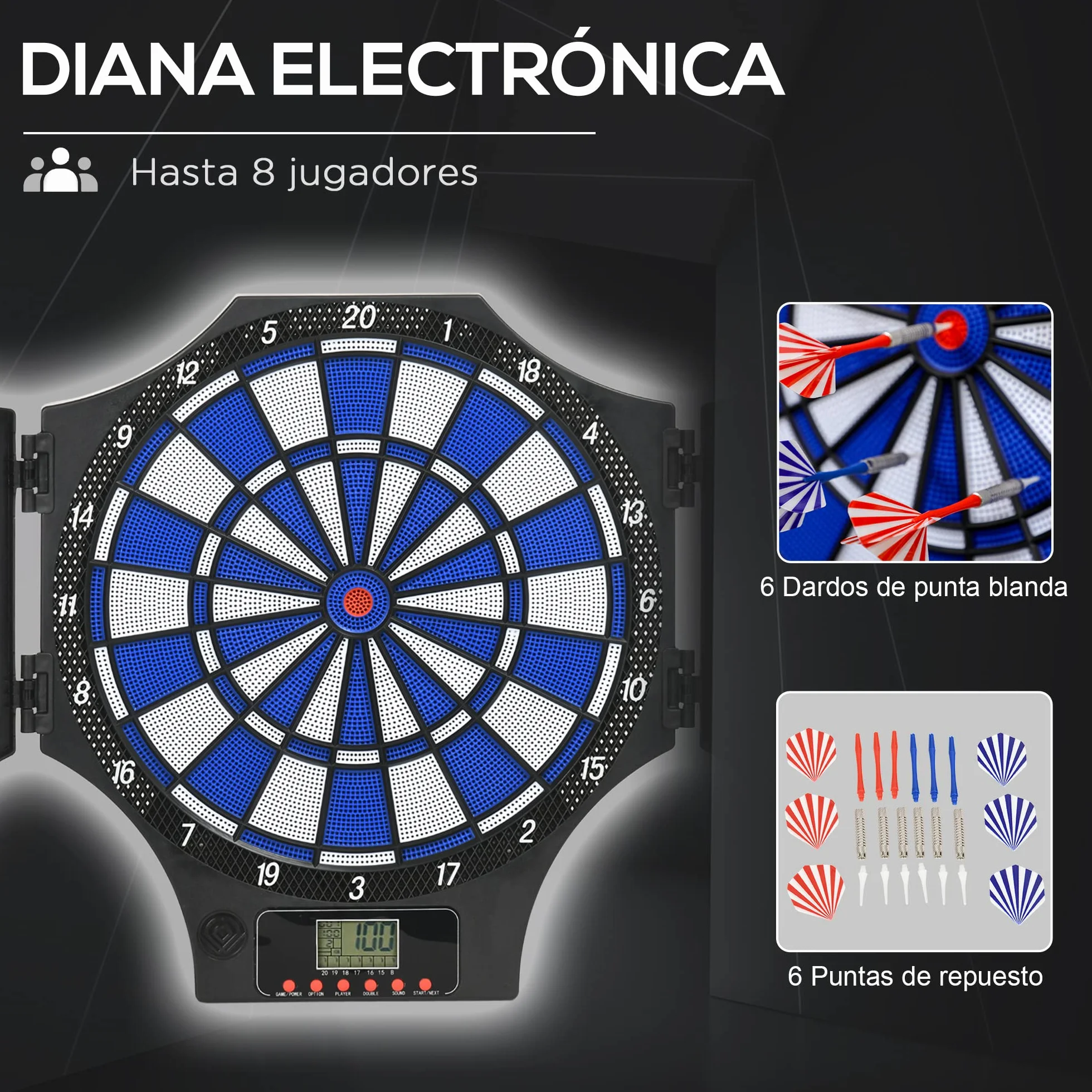 SPORTNOW Diana Electrónica Plegable 31 Juegos 285 Programas 8 Jugadores Juego de Dardo Electrónico 6 Dardos Pantalla LCD 83x45x4 cm Negro