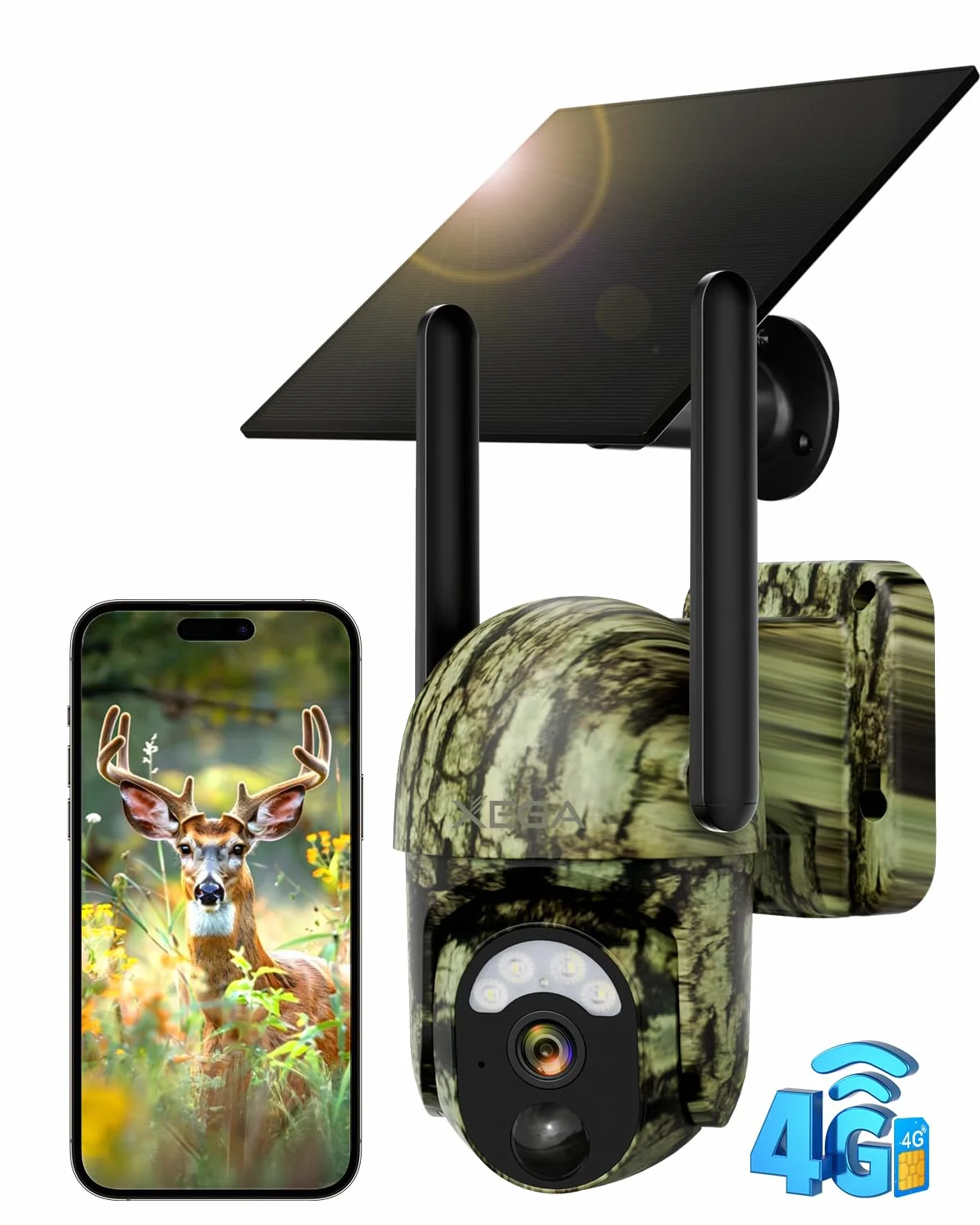 Xega 4G LTE Cámara de Caza Solar 2K PTZ, PIR Detección, Visión Nocturna Color, IP65