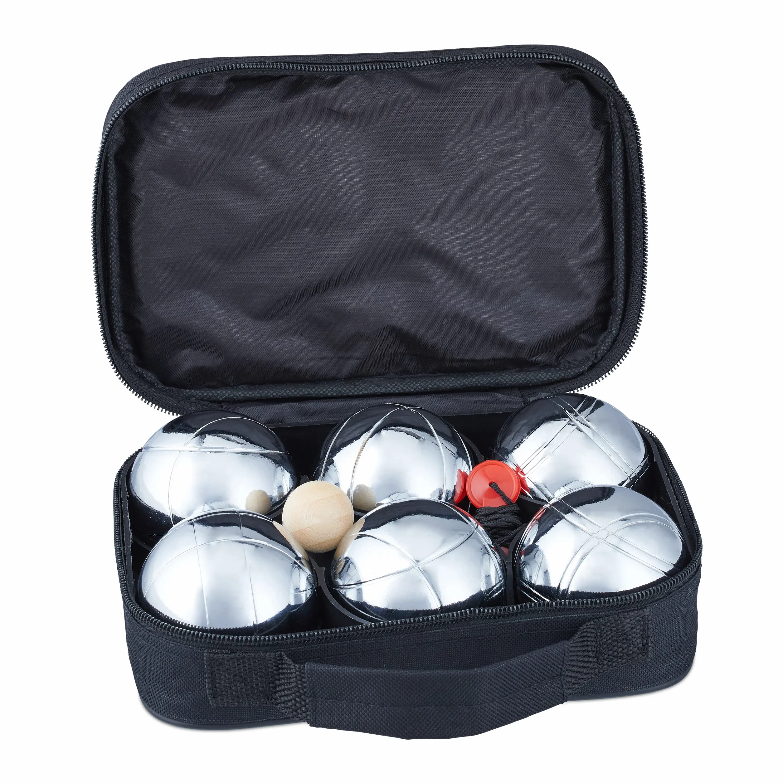 Relaxdays Set Petanca 6 Bolas con Estuche Metal Plateado-Negro 16 x 22,5 x 7 cm