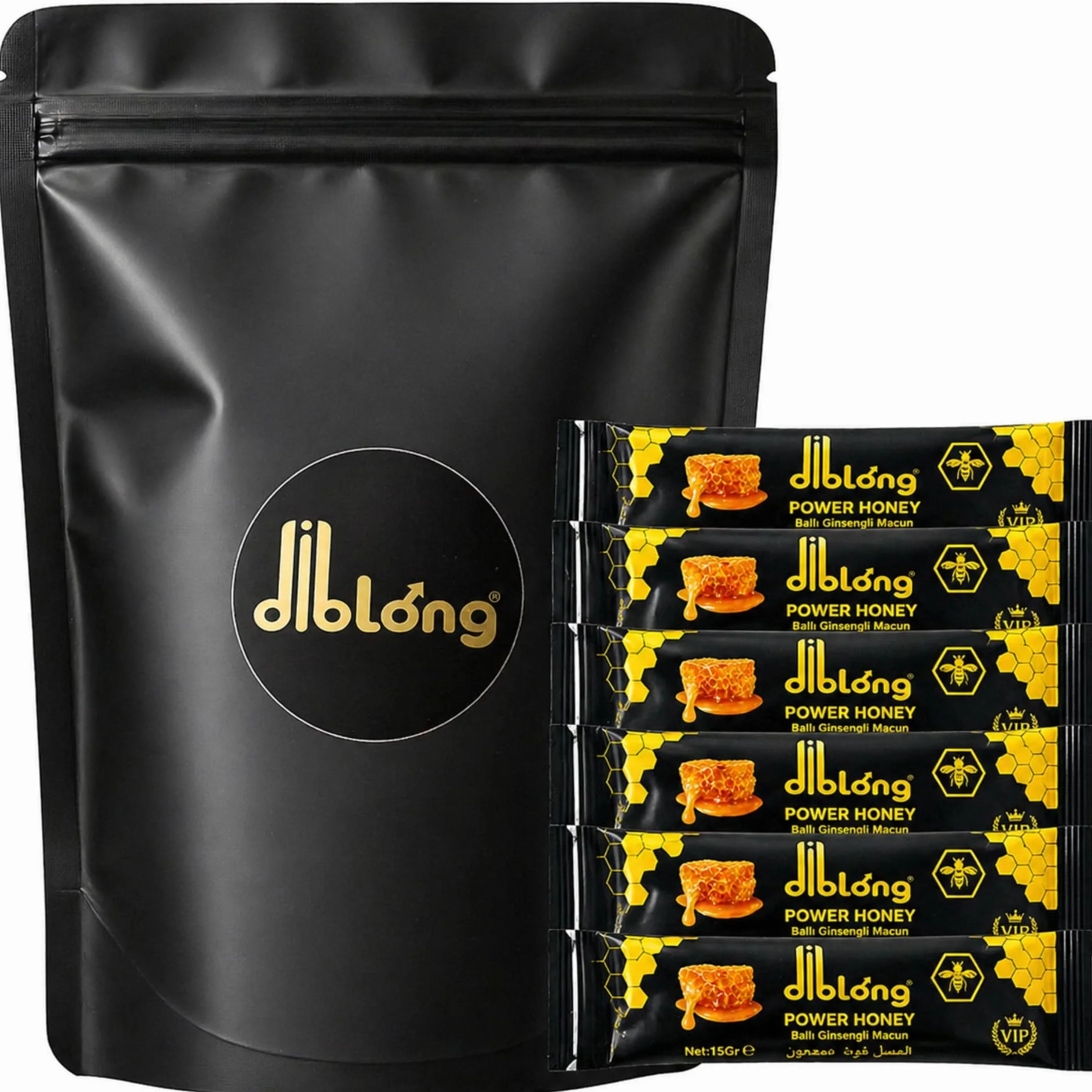 Diblong Miel Hombre Sachets Pack of 6 x 15g – Wildflower Honey Blend with Maca, Ginseng & Royal Jelly – Individual Portion Honey Pack – Made in Turkey
