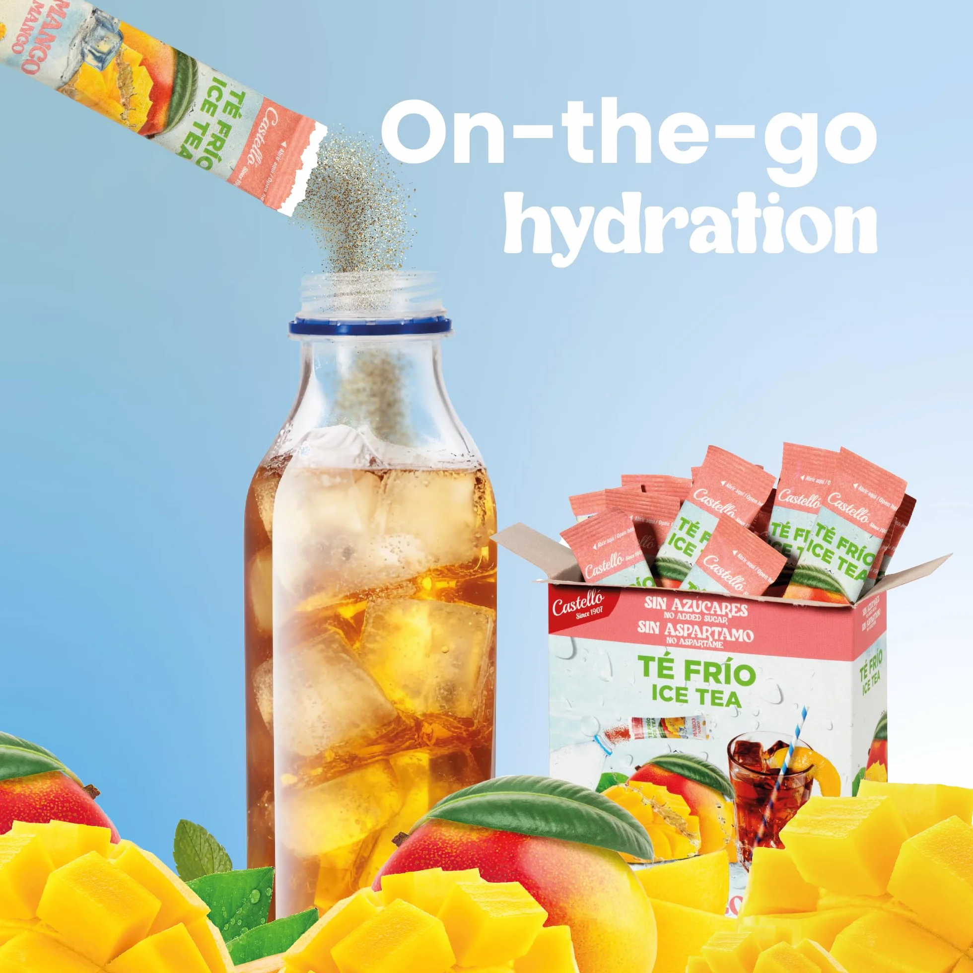 Castello since 1907 Té Frío Zero Instantáneo Multipack 3 Sabores | Melocotón, Limón y Mango - Ice Tea - Iced Tea - Total 36 Sobres - Cero Calorías, Sin Azúcares, Sin Aspartamo