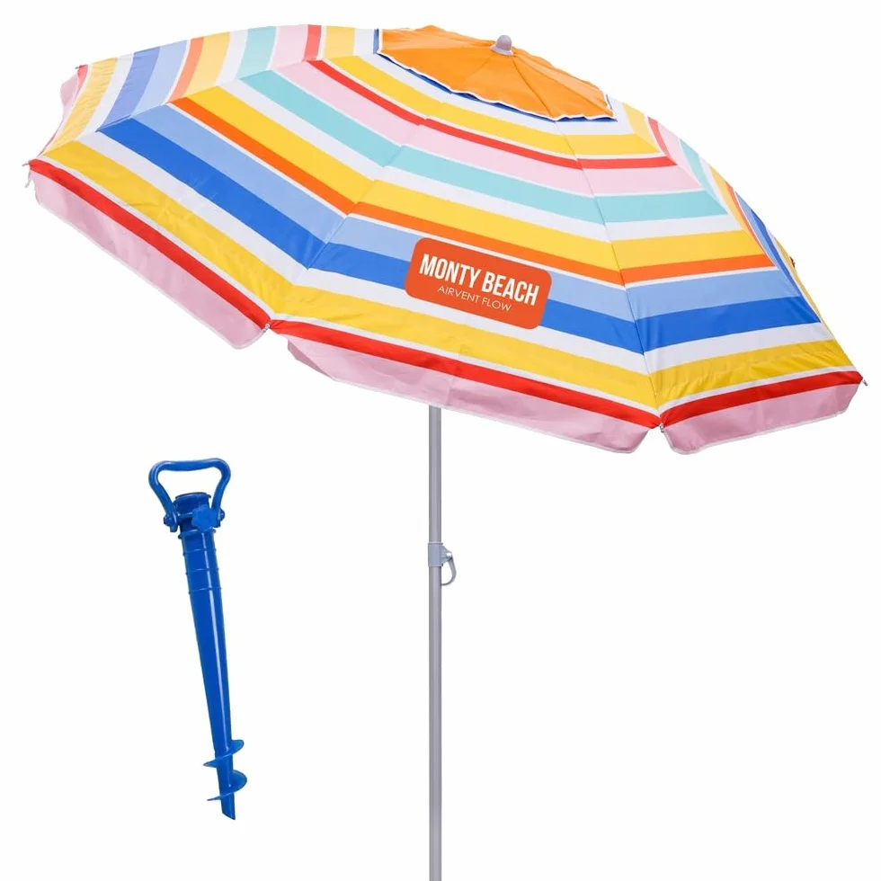 MONTY Sombrilla playa UPF+50 antiviento fibra vidrio mástil inclinable regulable altura