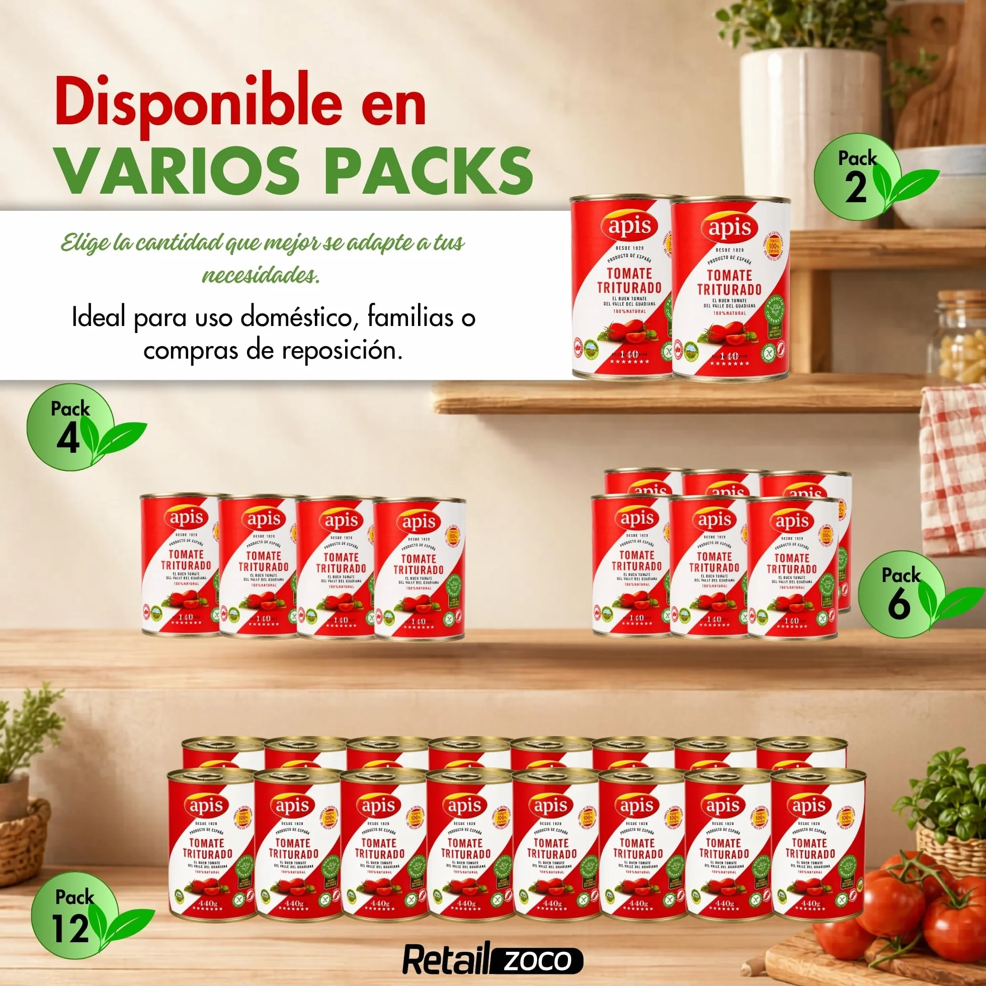 Tomate Triturado Apis, Tomate Natural en lata, Tomate 99.4%, sal y corrector de acidez, Sin Gluten, Producto Español, exquisito sabor, aroma y consistencia, Contiene 12 Latas de 400 gr