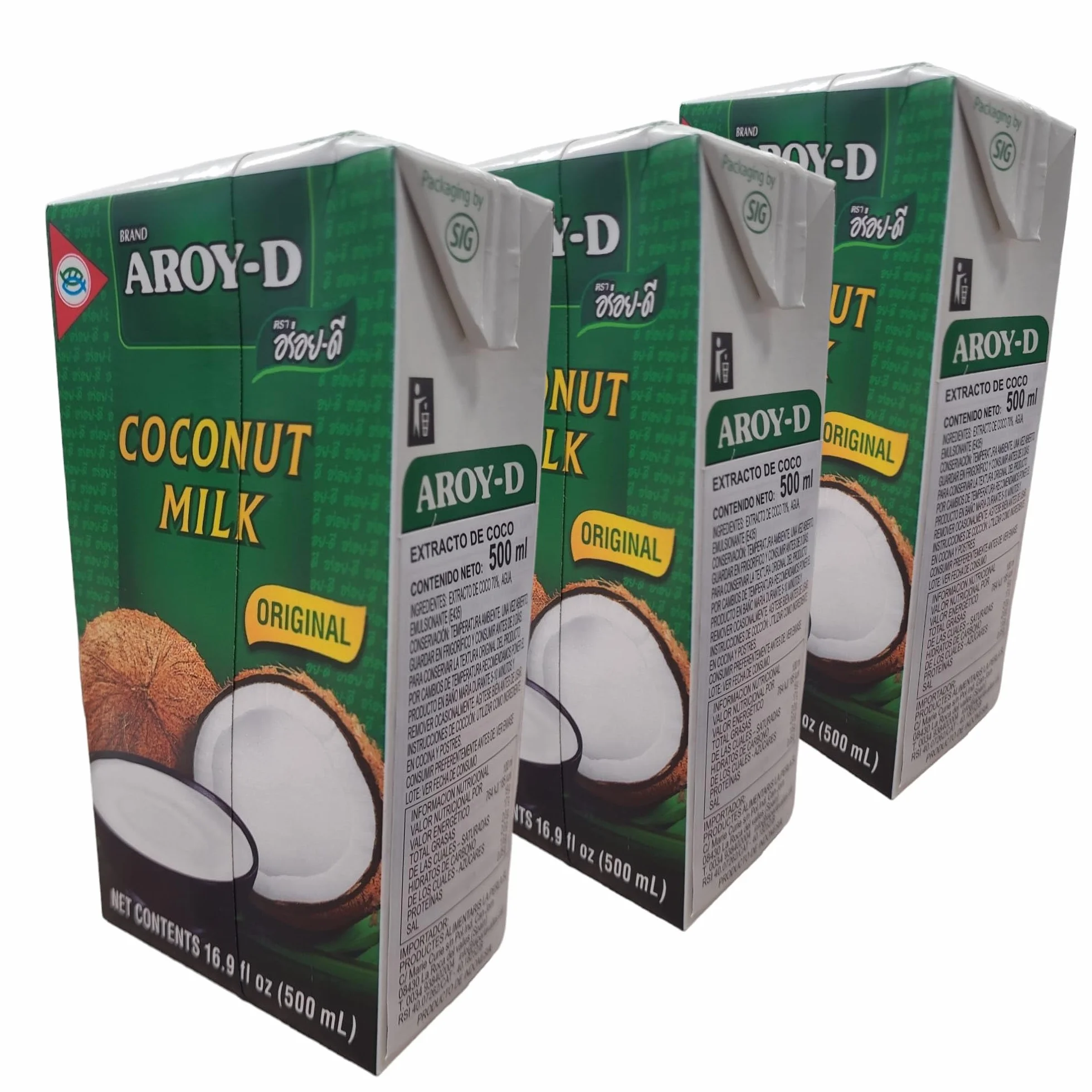 Aroy-D Leche de Coco 500ml Tetrapack Pack de 3