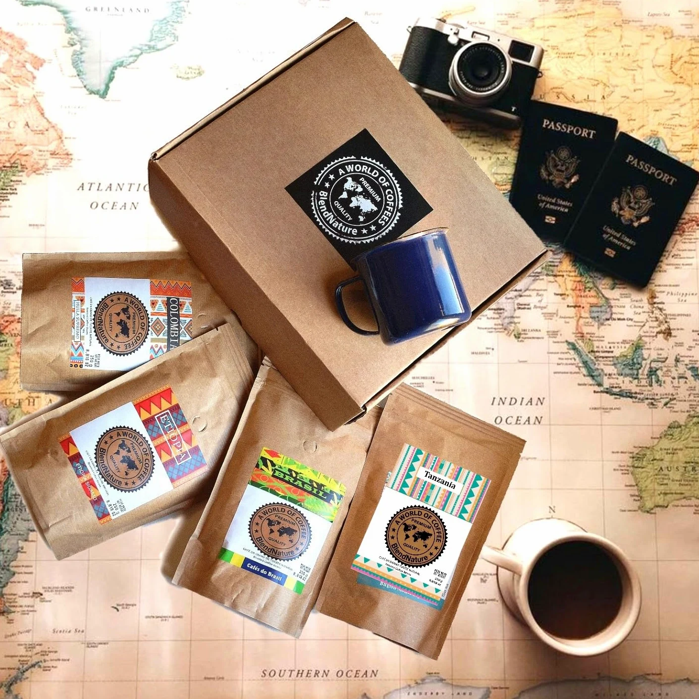 Café pack 4 x 250g en Grano - Seleccion mejores Cafes del mundo Arabicas +Brasil Colombia Etiopia y Tanzania + Caja regalo + Taza vintage - Maxima calidad avalada por la SCA