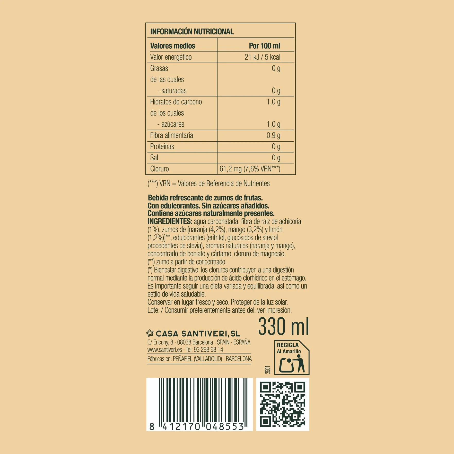 Santiveri - SANT Smart Drink, Bebida con Zumo Natural de Frutas y Fibra Prebiótica, Bajo en Calorías, Sin Azúcares, Ni Edulcorantes Artificiales - 12 Latas x 330 ml (Pack de 12, Naranja-Mango)