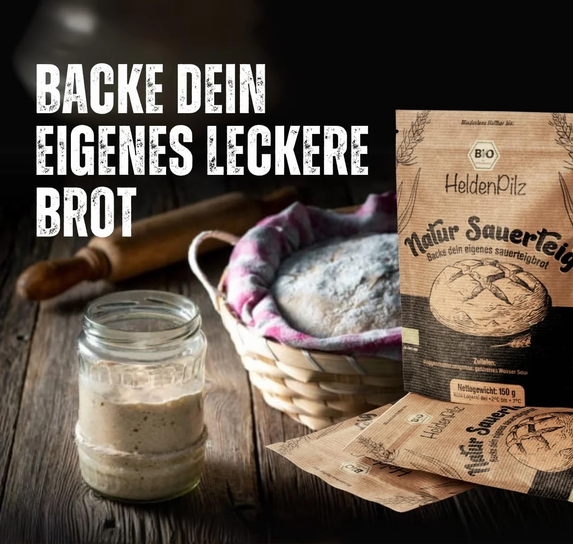 HeldenPilz Juego de cestas de fermentación – Bio masa madre Starter incluye cesta, vaso de vidrio fermentado, tarjeta de acero inoxidable y batidor danés