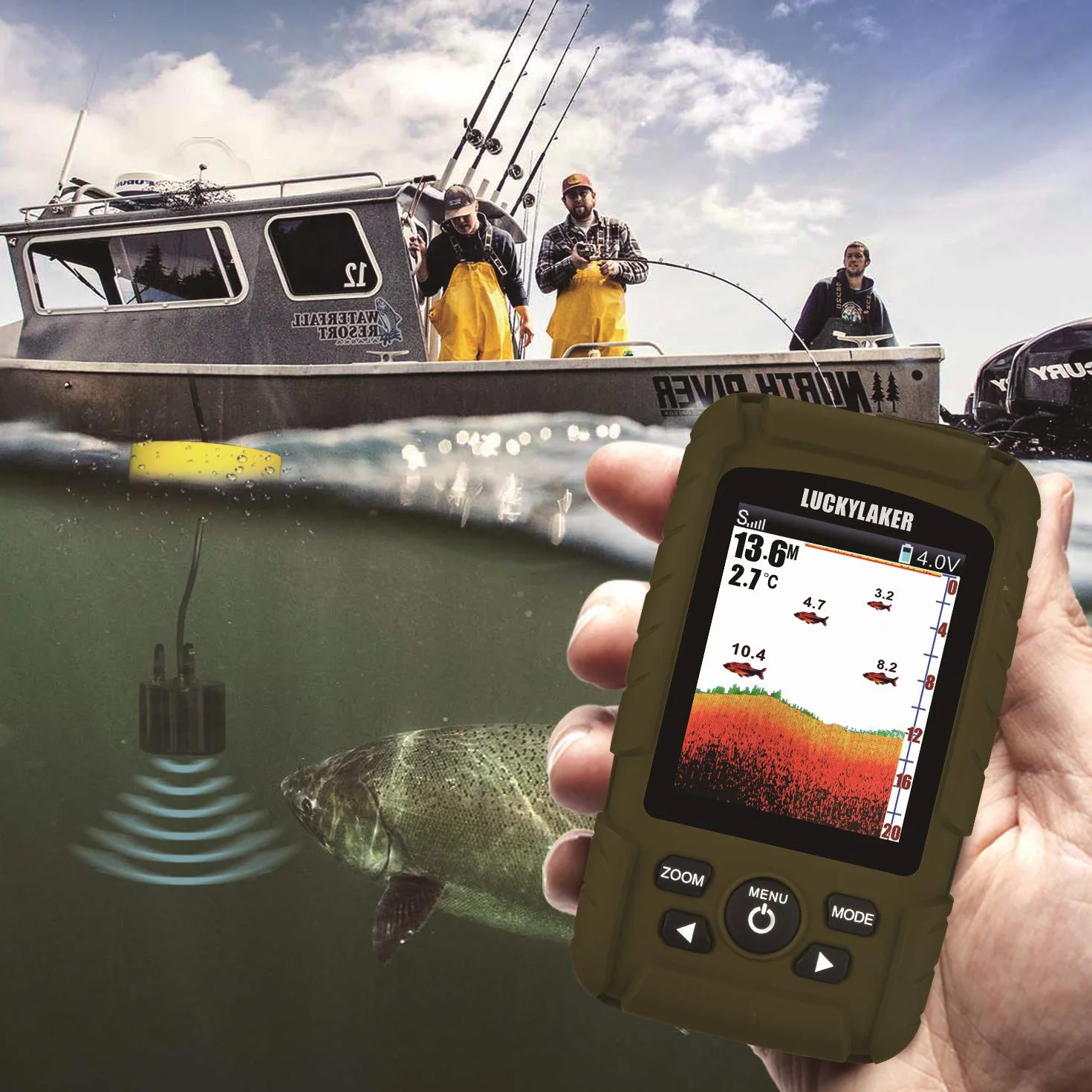 LUCKY Buscador de Peces Inalámbrico de Mano con Transductor Impermeable para Pesca en Hielo Kayak Mar