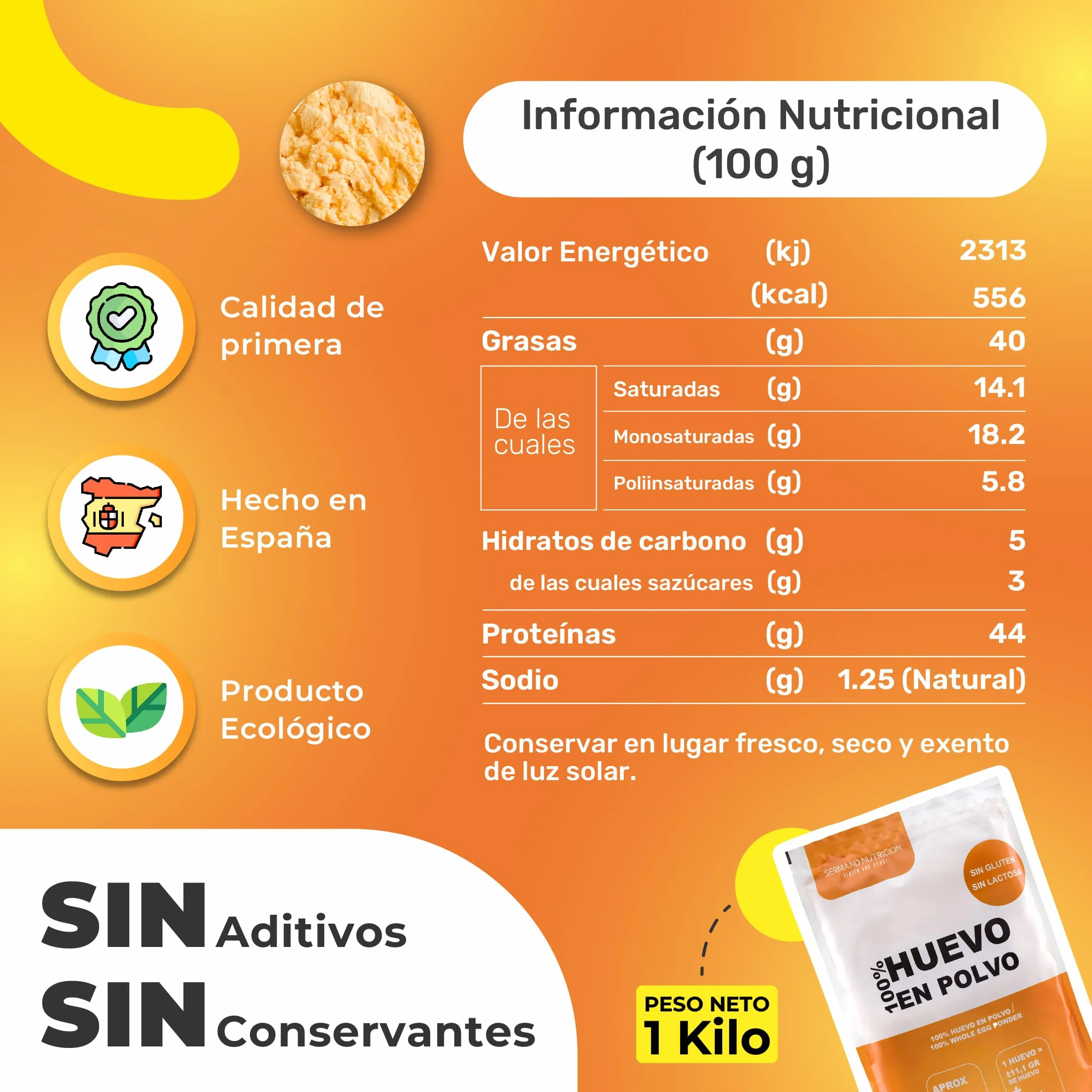 Huevo en Polvo Deshidratado Pasteurizado Sin Gluten Sin Lactosa 1 kg