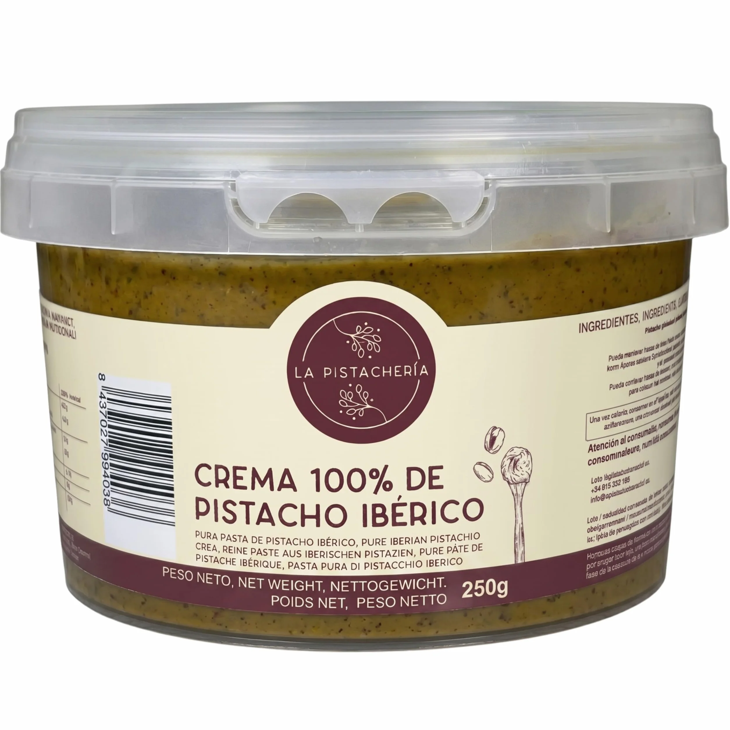 Crema 100% de Pistacho Ibérico – Pasta Pura de Pistacho Natural sin Azúcar ni Aditivos – Textura Cremosa para Postres, Repostería, Desayunos y Recetas Saladas - La Pistachería (250 gr)