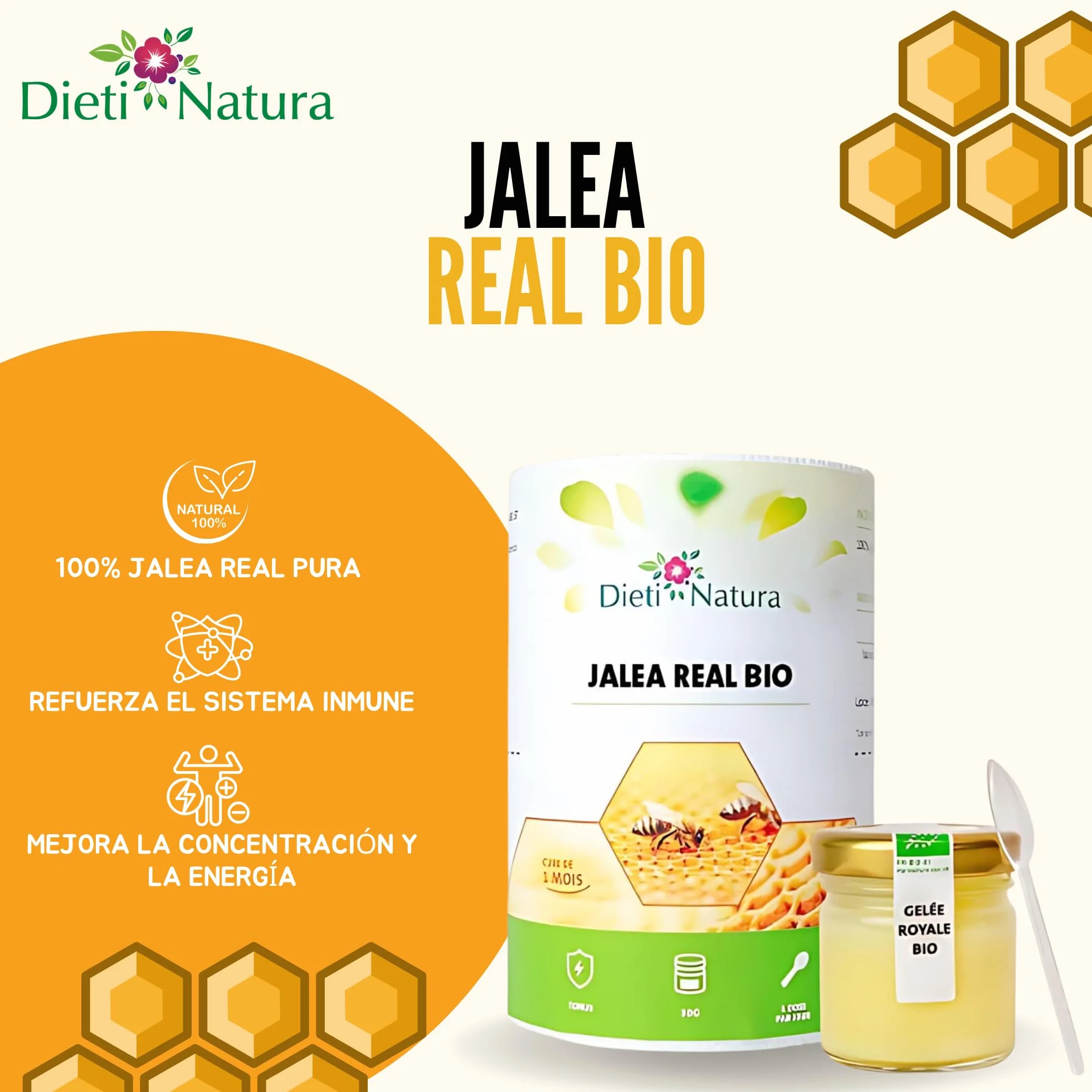 Dieti Natura Tarro de Jalea Real Fresca BIO (30g) (Pack de 6) - Jalea Real Pura con Elementos Esenciales: Vitaminas, Oligoelementos y Minerales para Energía Natural y Defensa Inmunológica