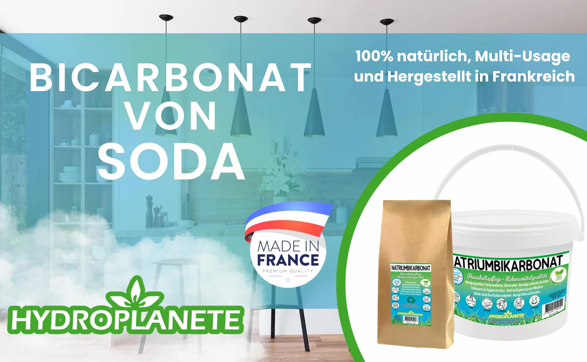 Bicarbonato Sódico Multiusos - Polvo para la Alimentación y el Hogar - Sin Aditivos y 100% Natural - Fabricado en Francia - Disponible de 1kg a 20kg - Hydroplanete