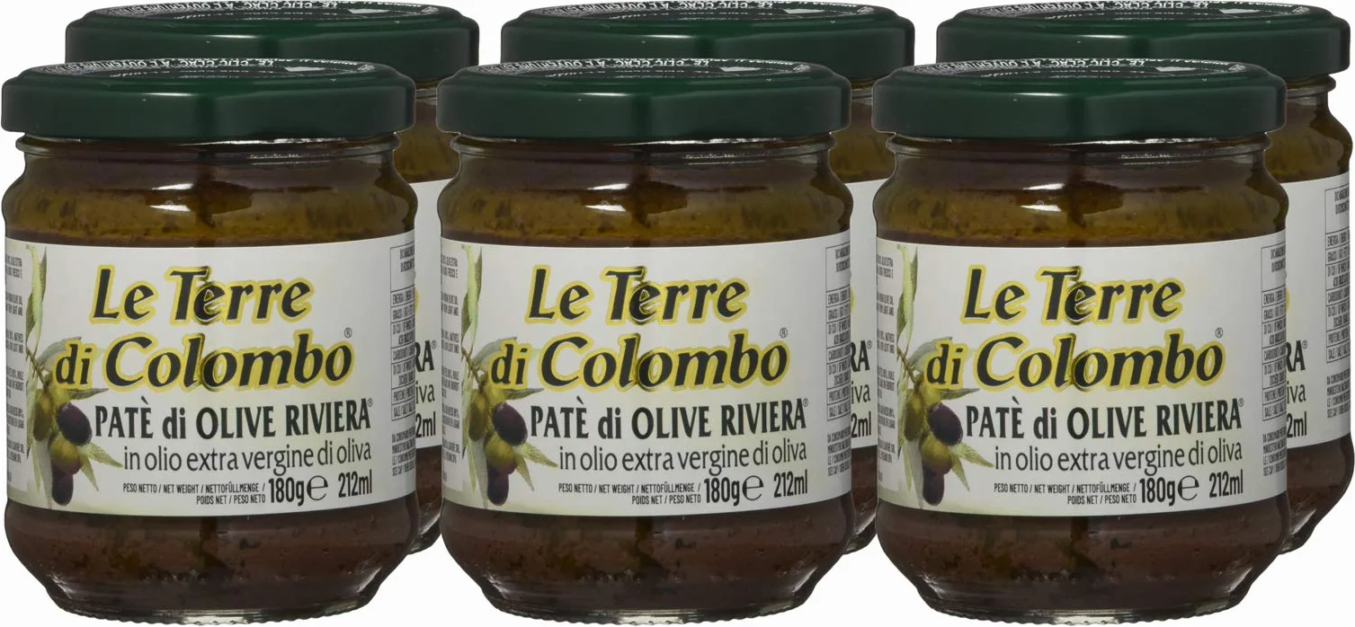 Le Terre di Colombo Pasta de Aceitunas, Riviera en Aceite de Oliva Virgen Extra 10 %, Tarros de 212 Ml Lote de 6