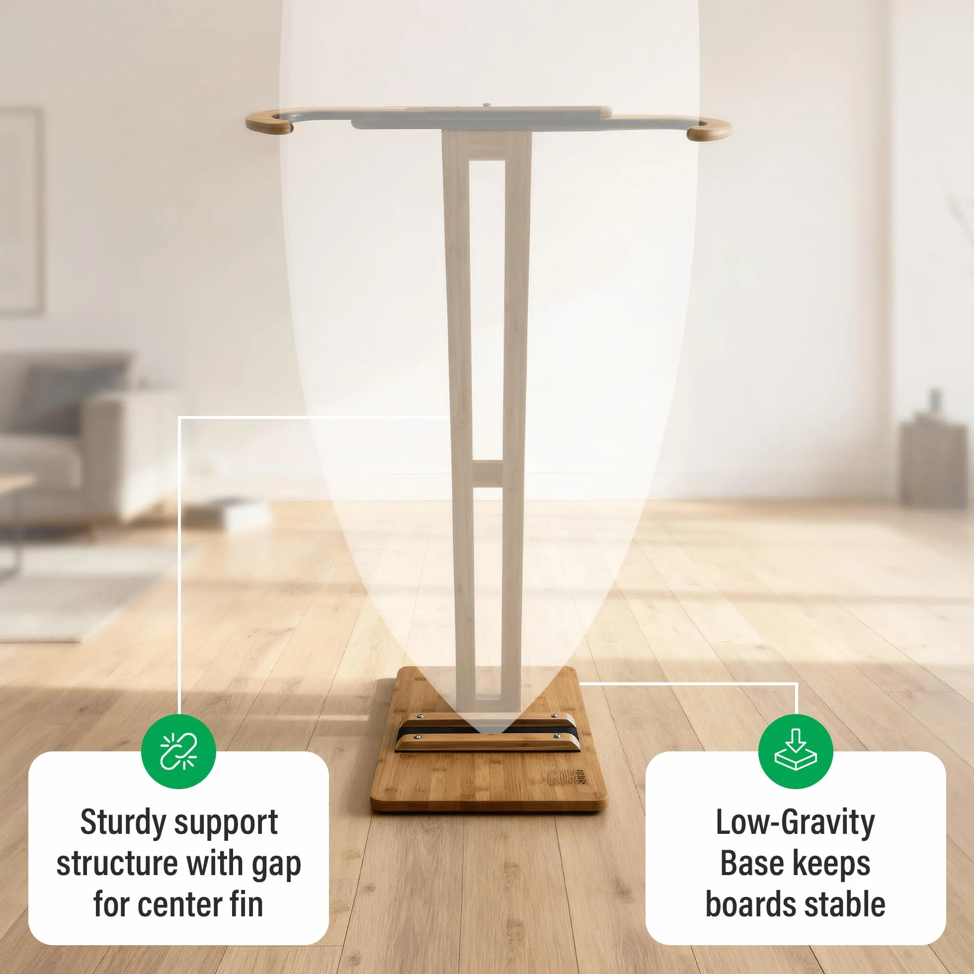 Pie de bambú para tablas de surf | Soporte para exponer tu tabla