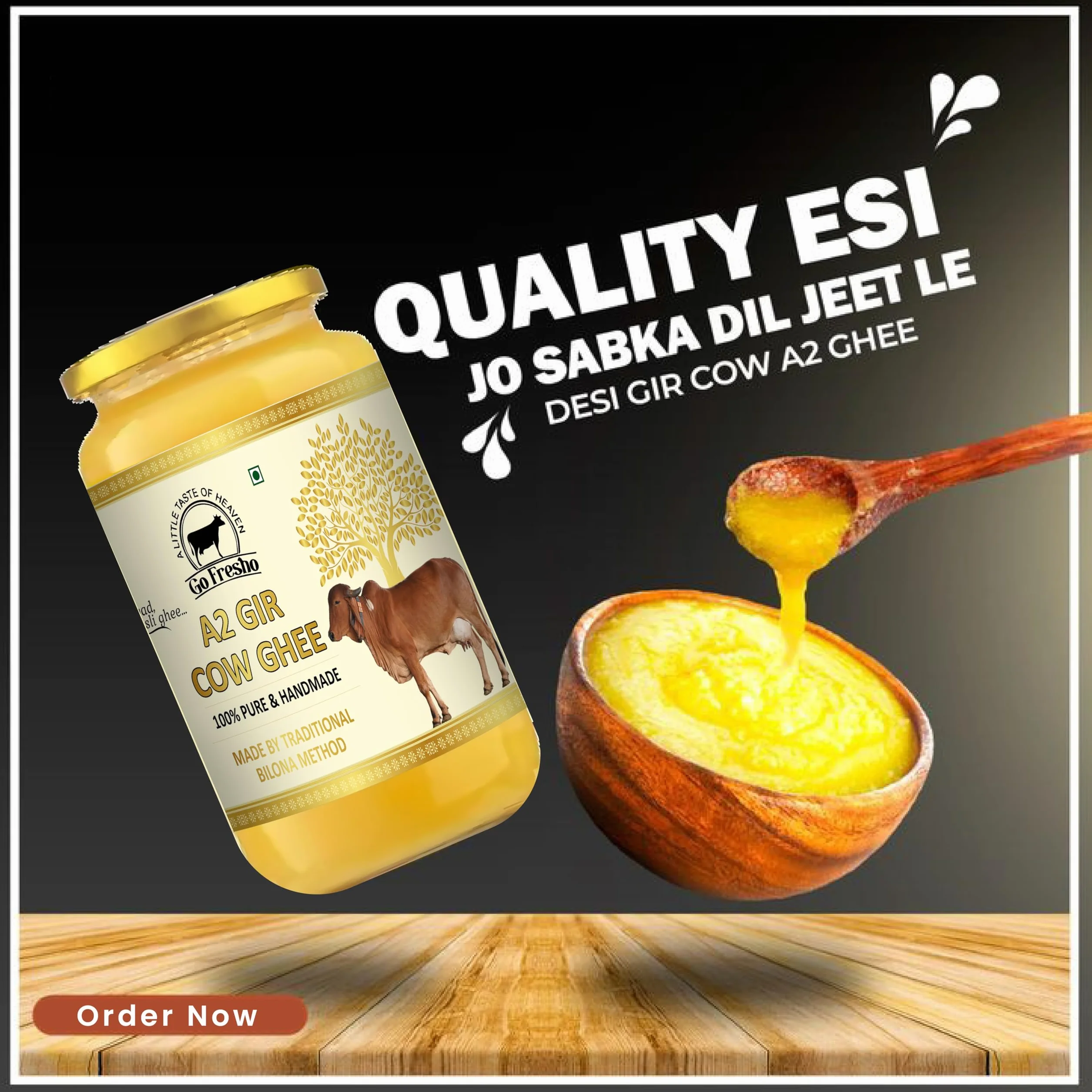 Go Fresho Ghee de vaca Gir A2 | Método Vedic Bilona | Puro, natural y saludable | Botella de vidrio de 1000 ml