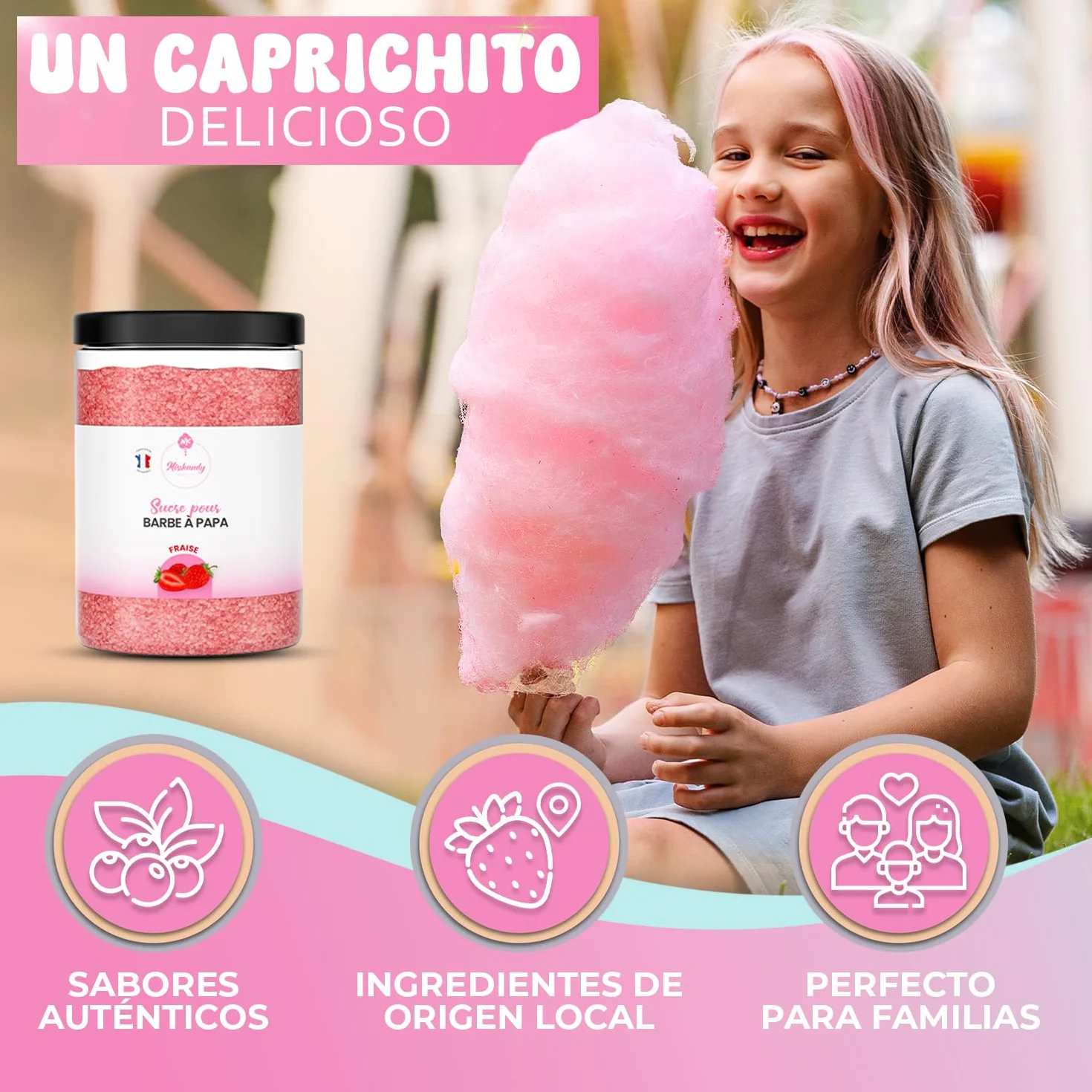 Algodón de azúcar Misskandy para máquina 1,5kg sabores fresa, manzana, malvavisco, cola, frambuesa + 50 barritas 30cm