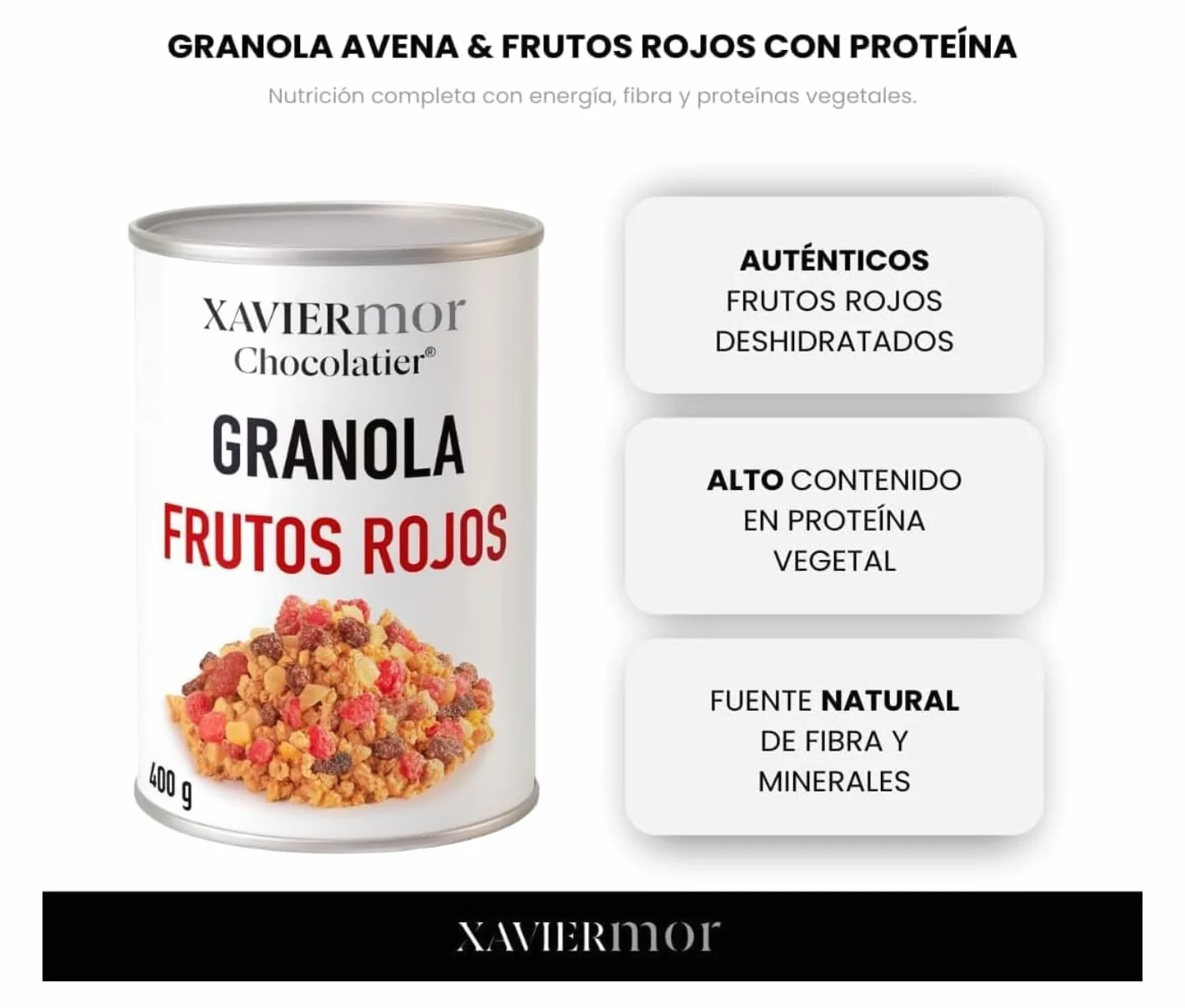 XAVIERMOR – Granola de Avena Crujiente con Frutos Rojos 400g – Desayuno Saludable con Alto Contenido en Proteínas y Fibra – Snack Fitness Nutritivo, Energía Sostenida y Saciedad Duradera