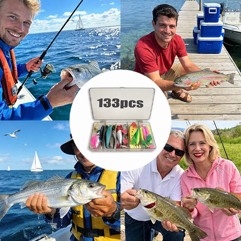 Kit de Señuelos de Pesca 133 Piezas, Set de Cebos Artificiales con Caja, Señuelos para Spinning, Río y Mar
