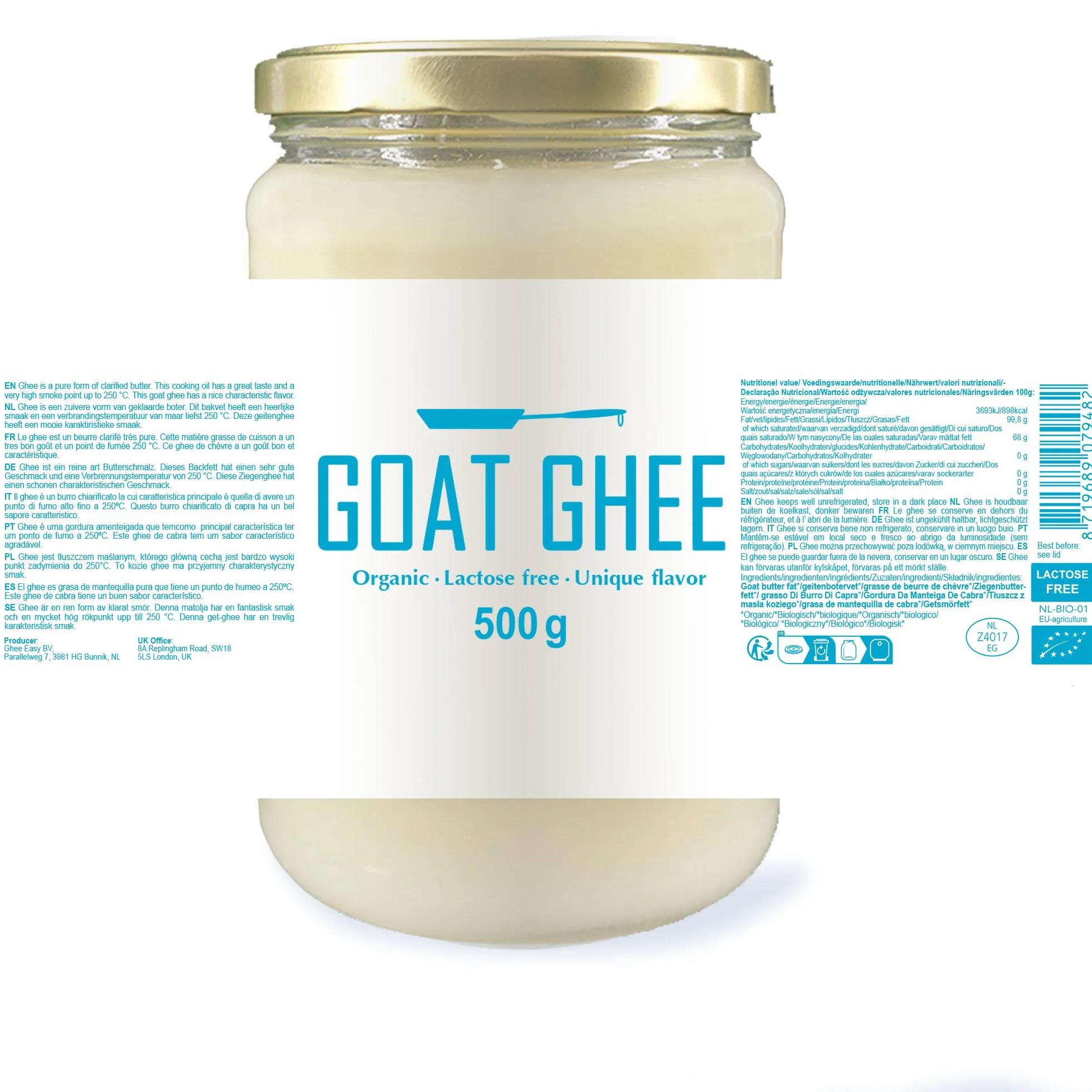 Ghee Easy Bio Ghee de Cabra 500g - Mantequilla de Cabra Clarificada Pura - 100% Orgánica - Ideal para Paleo y Keto - Libre de Gluten y Lactosa - Ayurveda