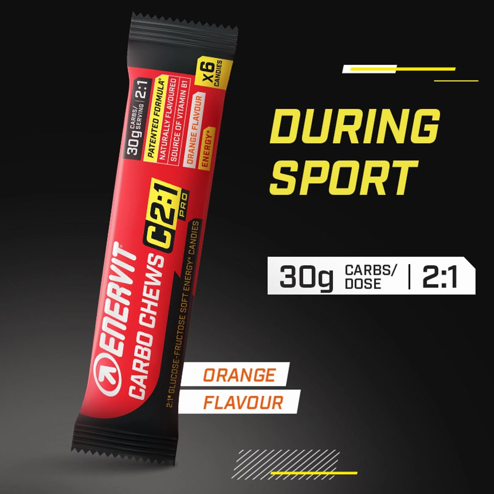Enervit Carbo Chews C2:1PRO, Gominolas con Maltodextrinas y 30g de Carbohidratos, Para Actividades de Larga Duración y Alta Intensidad, Sin Gluten, Sabor Naranja, 3 Packs de 6 Gominolas