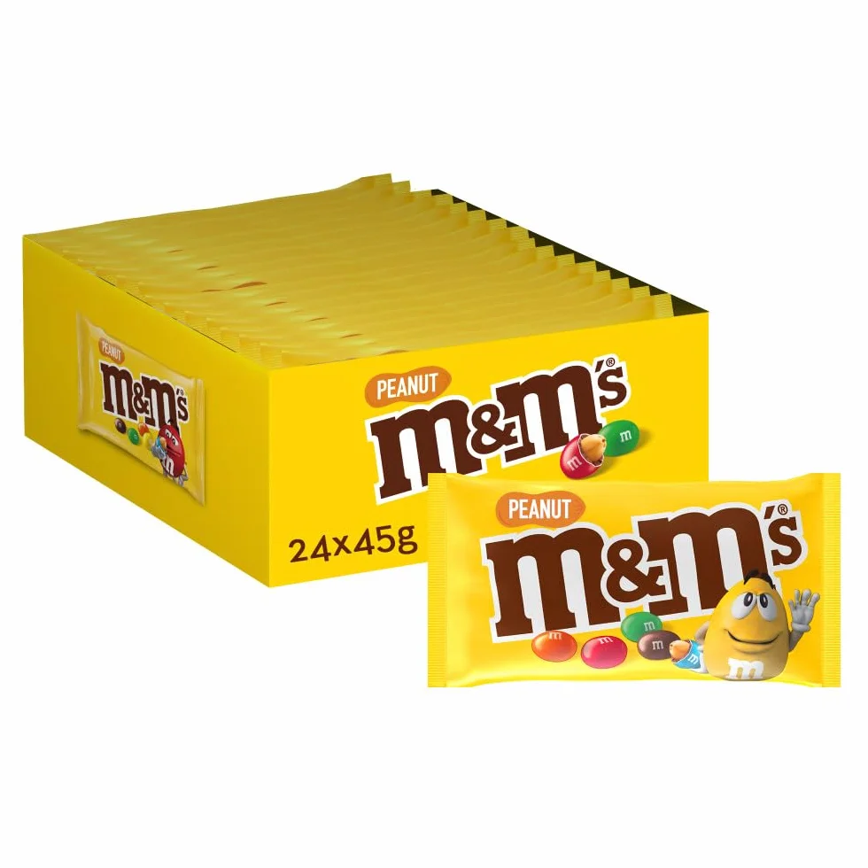 M&M's Peanuts Snack en Bolitas de Colores con Cacahuete y Chocolate con Leche, Pack Ideal para Compartir o Regalar en Navidad, 24 x 45g