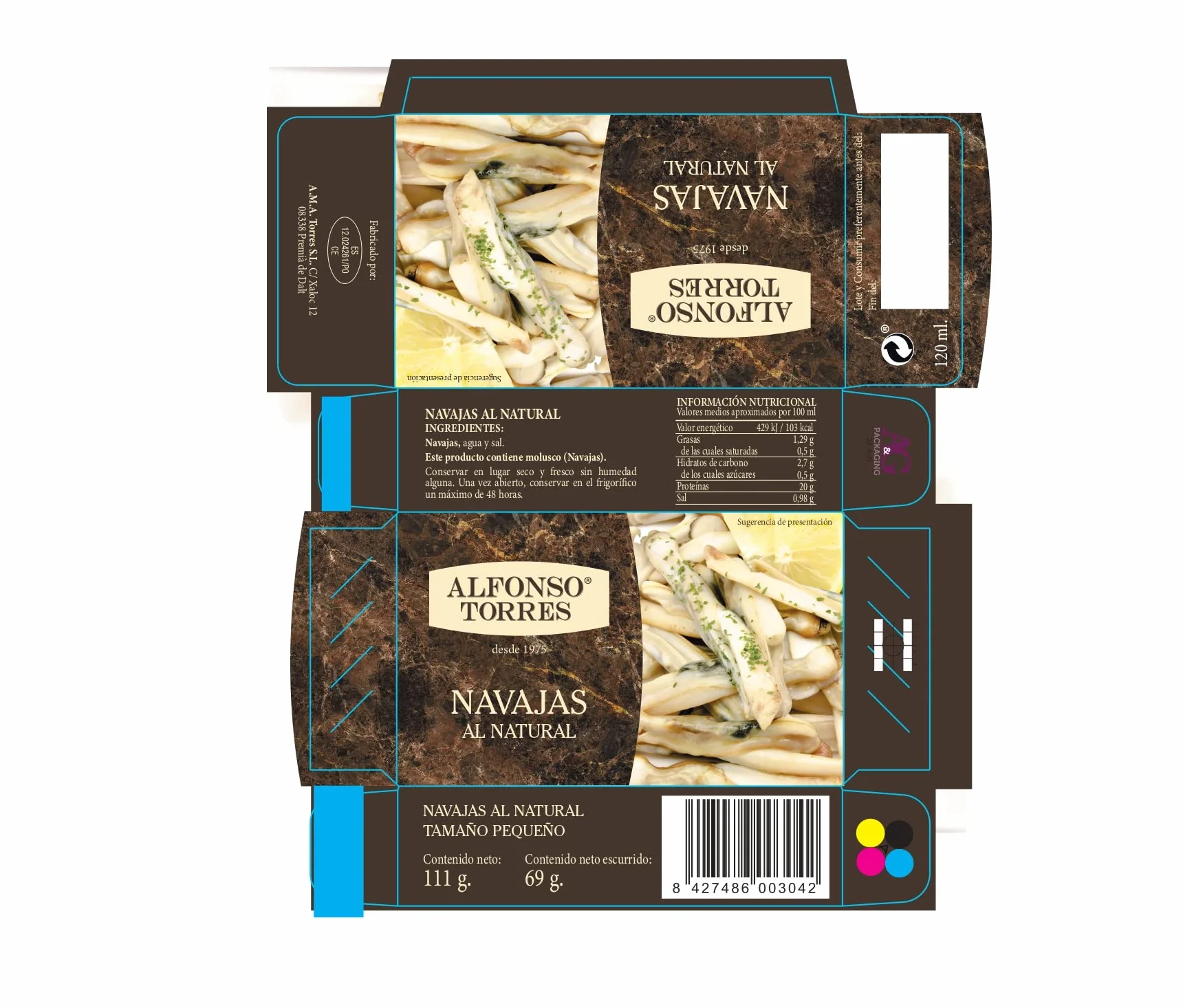 Navajas al natural. Peso Neto 111 gramos. Peso Escurrido 63 gramos. Categoría Gourmet. Con ingredientes 100% Naturales: Navajas, Agua y Sal. Alfonso Torres.