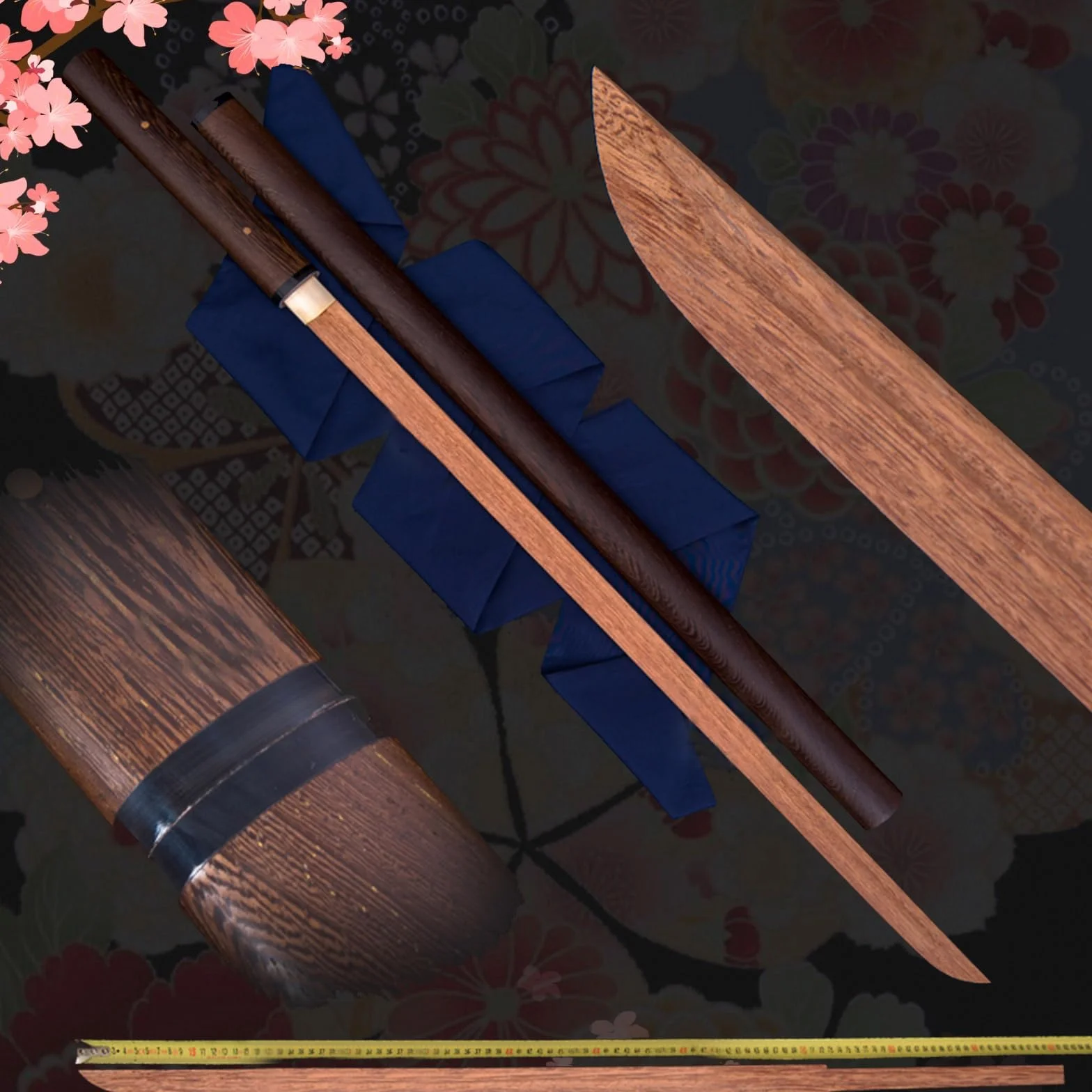 Espada recta samurái de palisandro natural 103 cm con vaina de wengué, bokken hecho a mano para práctica de kendo