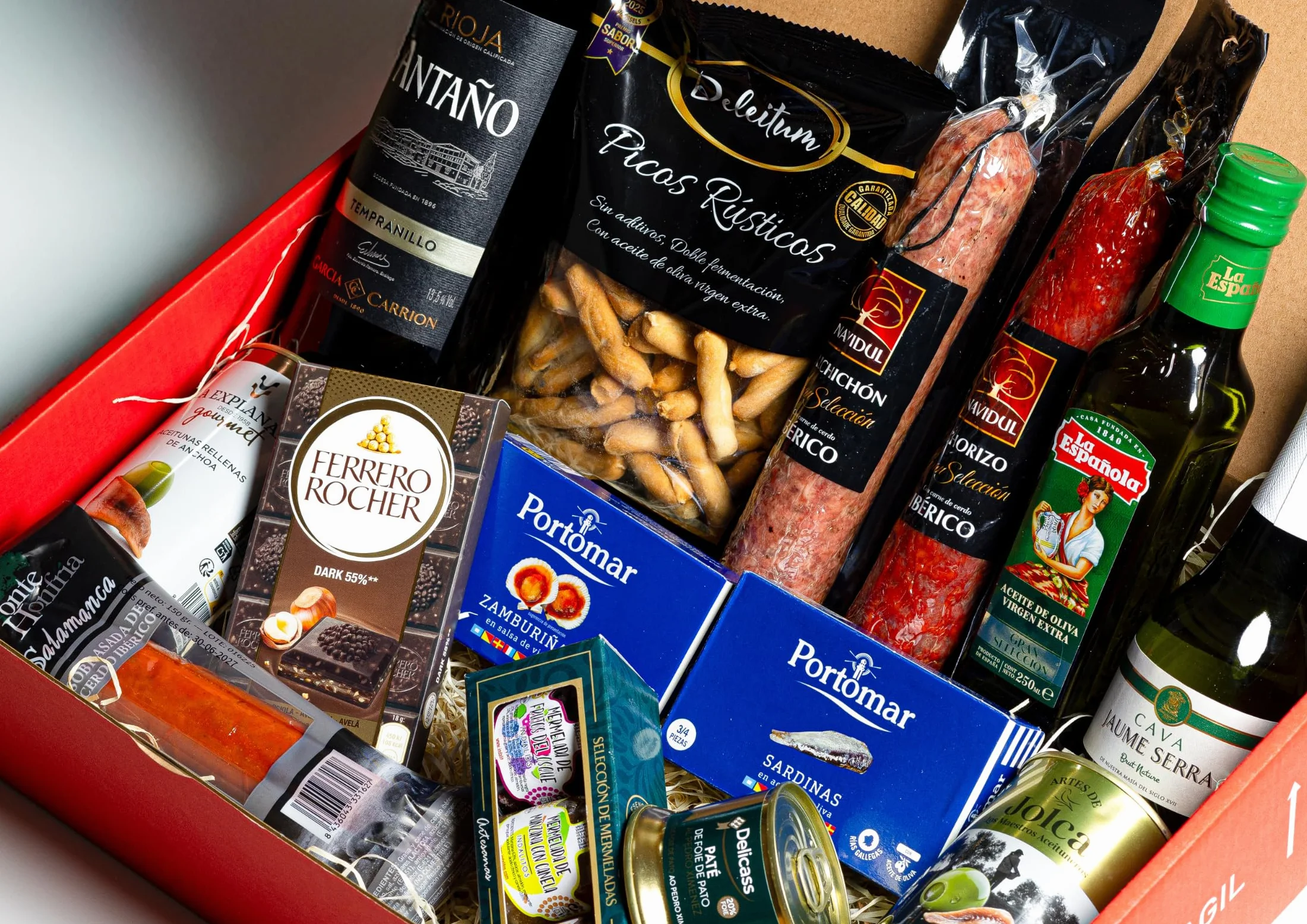 FAMILYCOM Cesta Gourmet para regalar - Surtido con Chocolates originales de regalo - Lote de embutidos, Conservas, Selección de vinos, Champagne, Aceite De Oliva Virgen - Regalo Hombre, Mujer