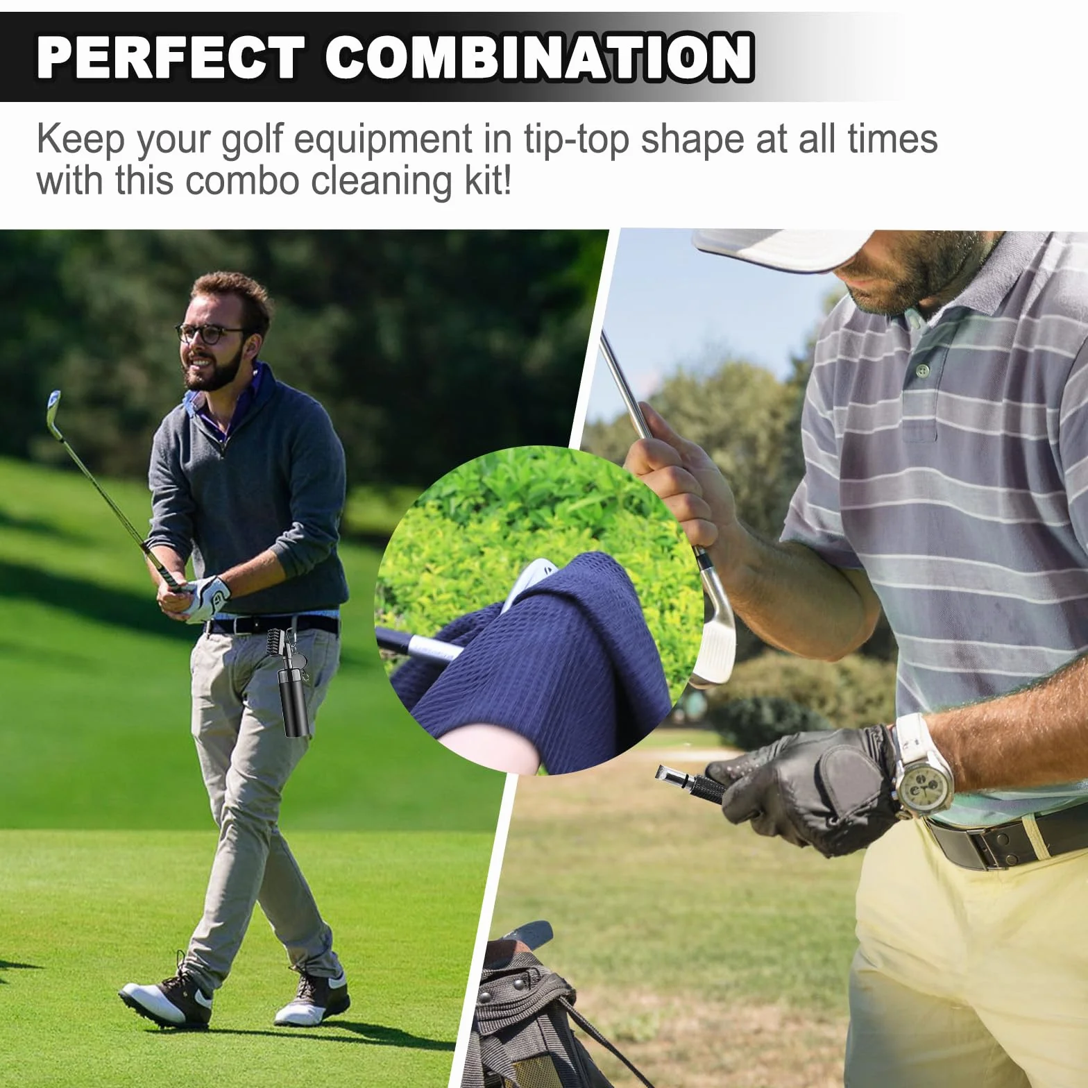 Kit de limpieza para palos de golf con afilador de ranura, toalla, cepillo de agua con botella spray y clip retráctil