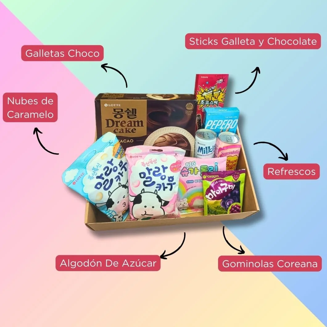 Korean Market | Caja Misteriosa de Dulces Coreanos | Un Regalo Dulce | 1 Caja Galletas Choco, 2 Refrescos, 2 Sticks Galleta y Choco, 2 Nubes de Caramelo, 2 Algodón de Azúcar y 2 Gominolas Coreanas