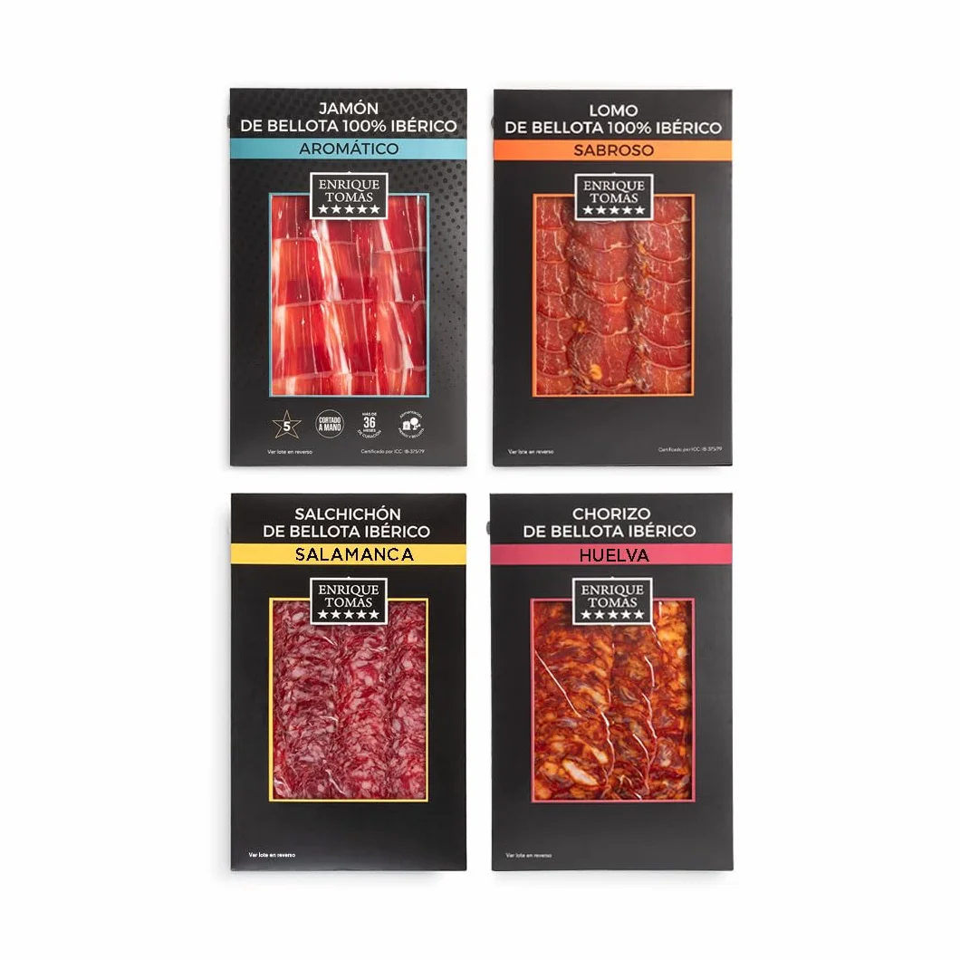 ENRIQUE TOMAS Caja Recomendada Premium Surtido de jamón y embutidos de bellota ibéricos Jamón 100% Salchichón Chorizo Lomo 100% de bellota
