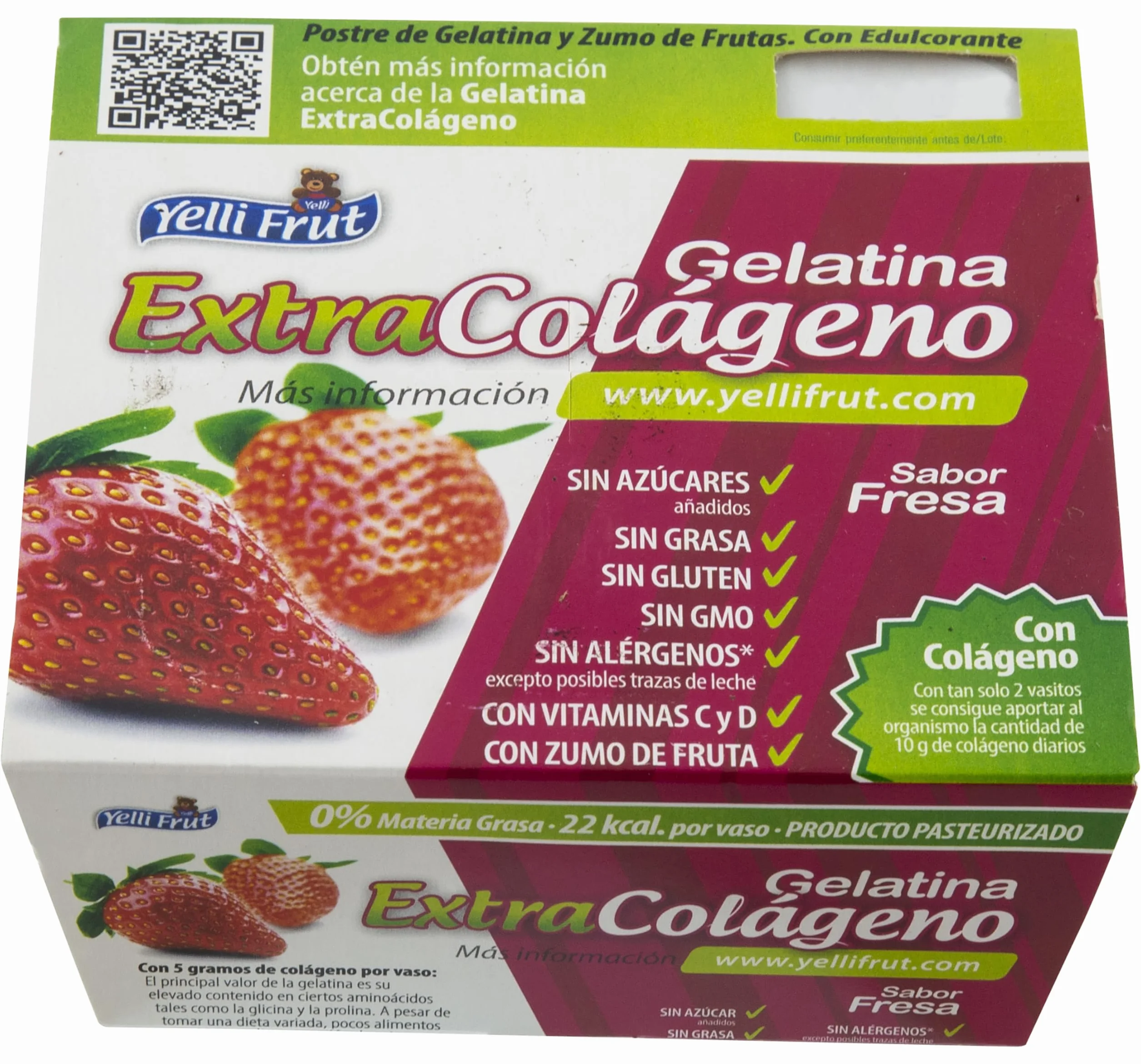 Extra Colágeno Fresa. Postre de Zumo de Frutas y Gelatina. Sabor Fresa en tarrina de 100 gramos. Pack de 12x4 = 48 tarrinas. 8g de colágeno mejora la flexibilidad y función de las articulaciones