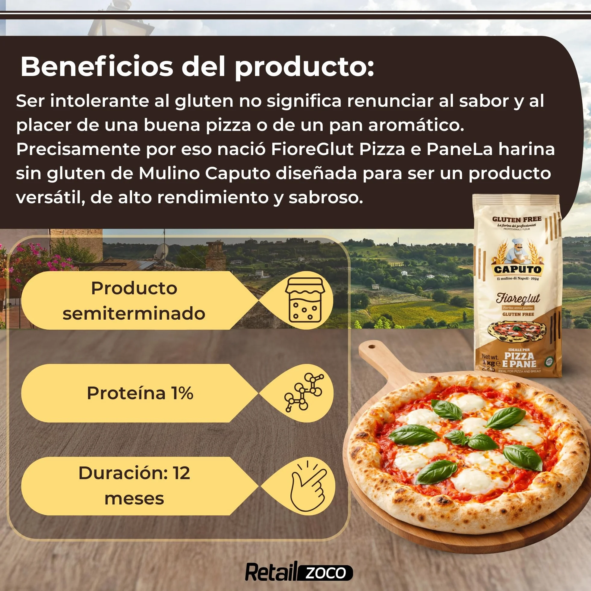 Harina Sin Gluten FioreGlut Caputo, Origen Italiana, ideal para una buena pizza o de un pan aromático, Sin Gluten, Sin Lactosa, Sin Huevos, Proteina 1%, Contiene 1 unidad de 1 Kg