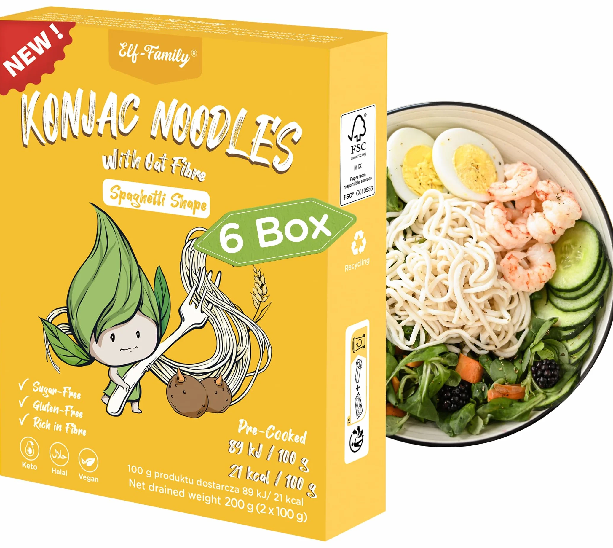 Elf-family [Nuevo] Pasta Konjac Keto de Tailandia Bajo en calorías/Bajo en carbohidratos/Vegano/Sin gluten Fideos Konjac Noodles Shirataki Oat Fibre/Sin azúcar - Spaghetti, 240g x 6 cajas(12 paquetes)