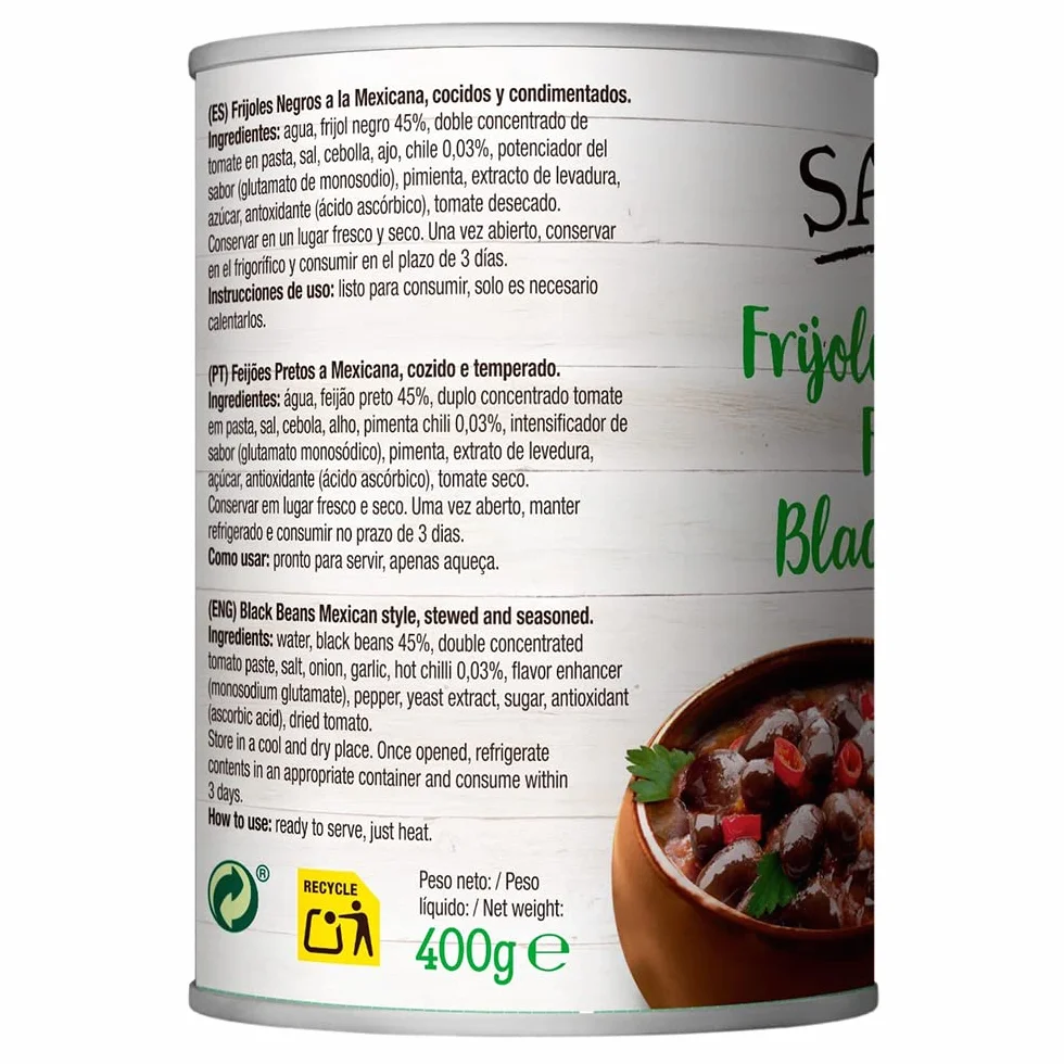 SAWORS - Frijoles Negros Enteros, Alubia Negra, Black Beans, Ideal para Burritos, Fajitas y Nachos, Comida Mexicana, 400g