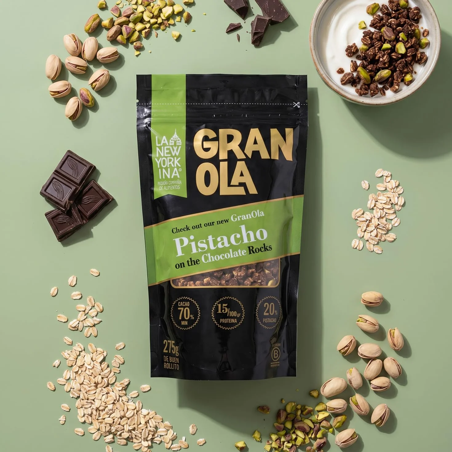 La Newyorkina Granola Pistacho On The Chocolate Rocks 275g Con Pistacho y Chocolate mínimo 70%