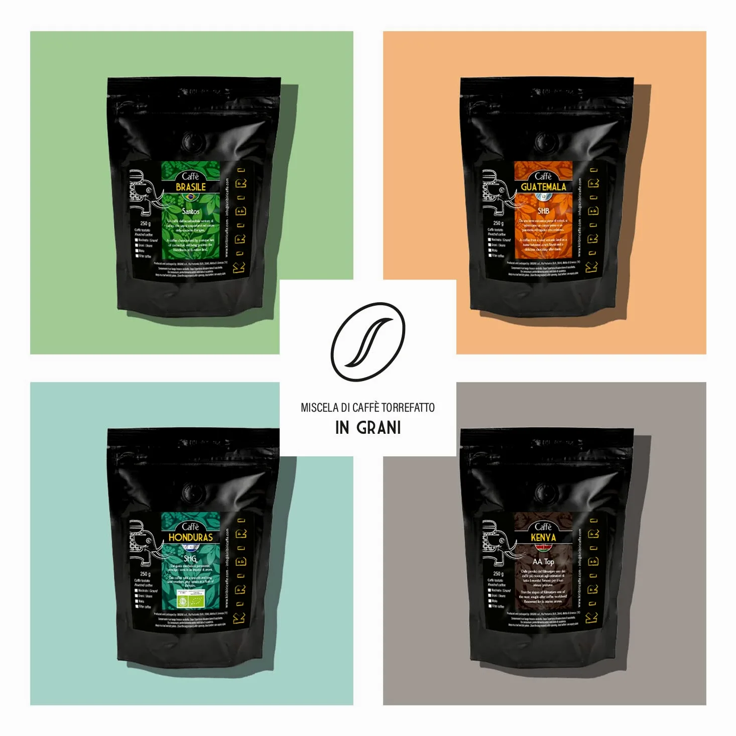 KIRIBIRI Café Especial de Origen 100% Arábica - Brasil, Guatemala, Honduras Orgánico, Kenia (4 x 250g Café en granos)