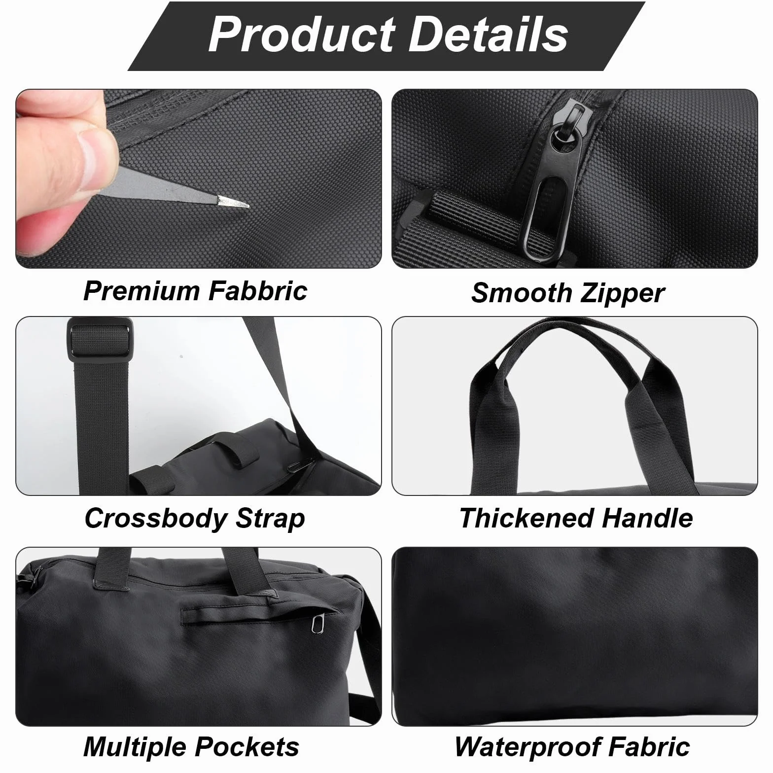 Bolsa de deporte con compartimento húmedo y seco, para zapatos, múltiples bolsillos, negra