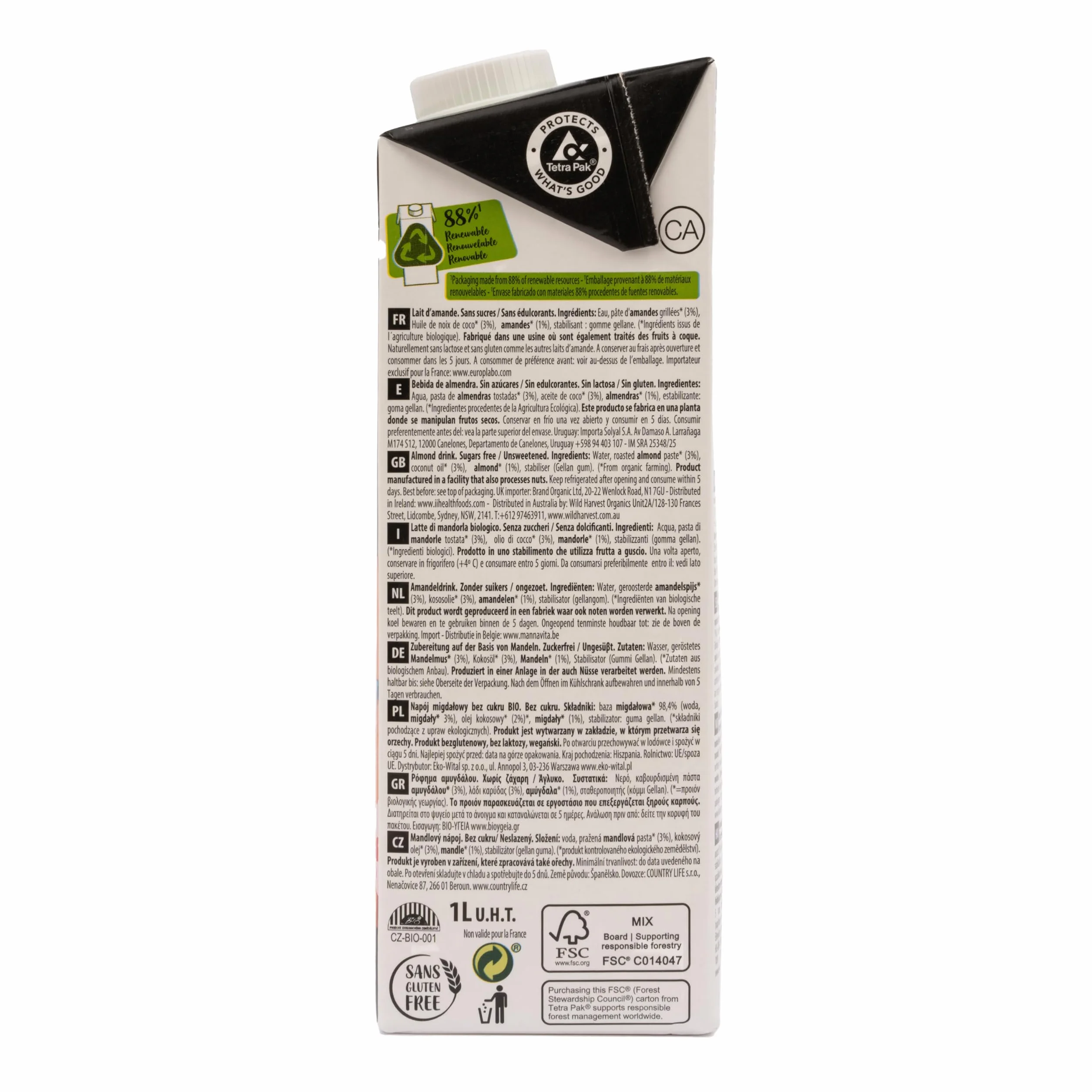 Ecomil - Bebida Vegetal de Almendras, Pack 6 x 1 Litro, Fruto Seco Ecológico, Sin Gluten, Sin Azúcares Añadidos, Apta para Dietas Keto y Veganas