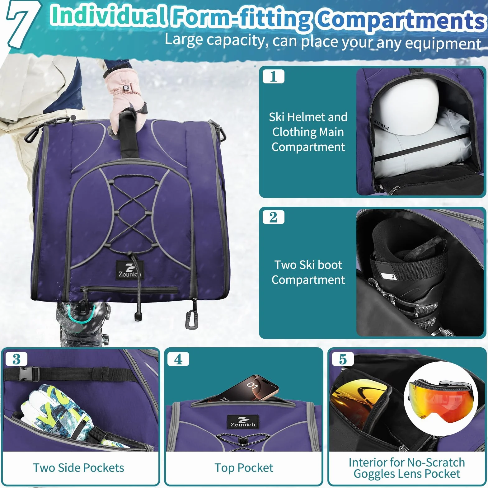 ZOUNICH Bolsa para Botas de Esquí 55L, Mochila Resistente al Agua con Compartimento para Casco