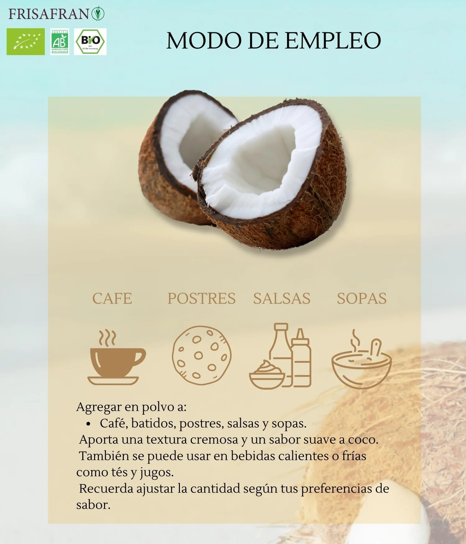 Leche de coco orgánica en polvo 100g Bio sin azúcar sin gluten vegana