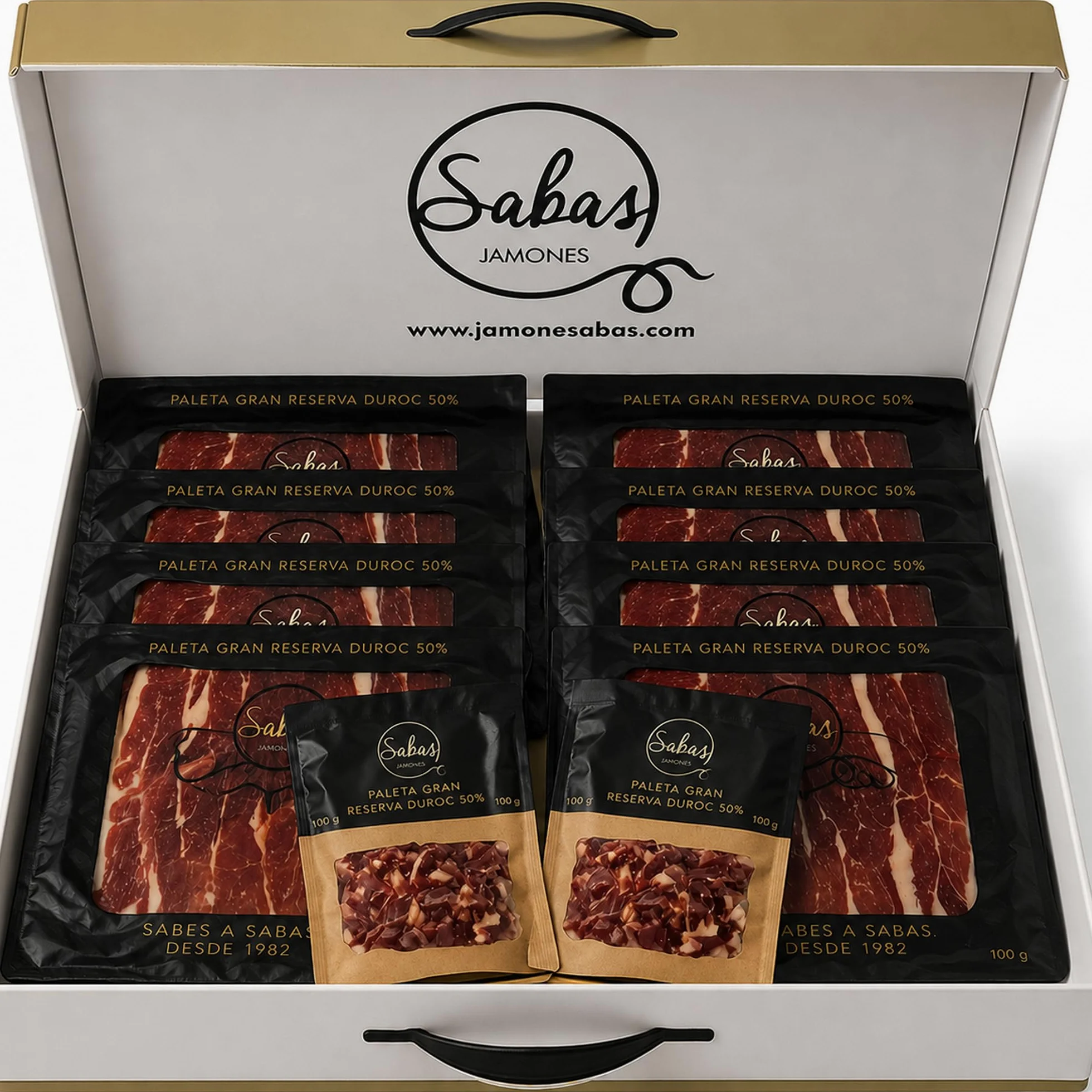 SABE A SABAS Cesta Paleta Gran Reserva Duroc 50% Cortada a Cuchillo 10 Sobres 100g con 2 Taquitos 100g Estuche Gourmet Regalo Jamon Curado Loncheado Tabla Aperitivo Navidad Evento Familiar