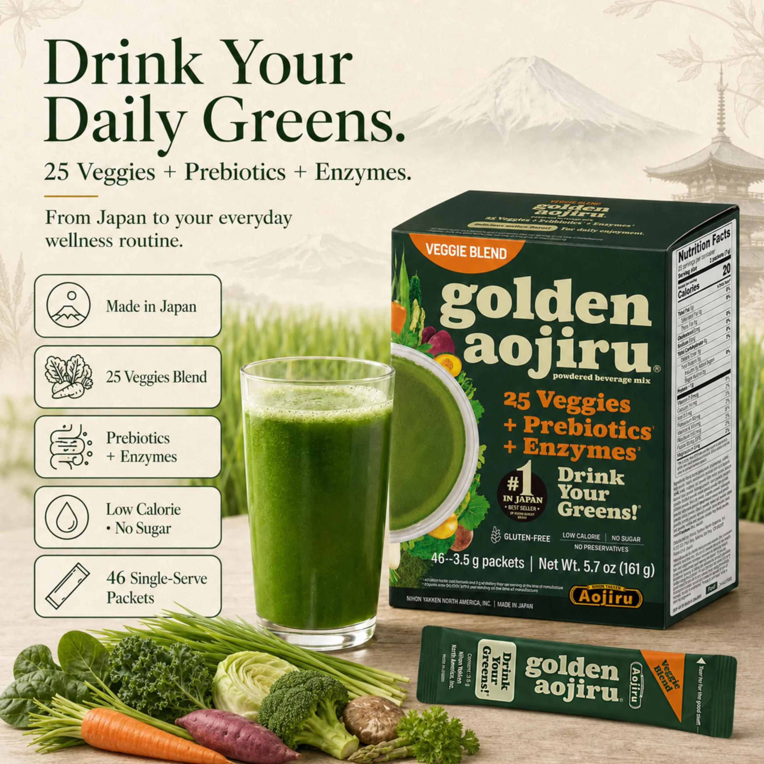 Golden Aojiru Veggie Blend - Greens Powder with 25 Superfood Vegetables, Gluten-Free, Low Calorie, No Sugar, 46 Packets - Made in Japan