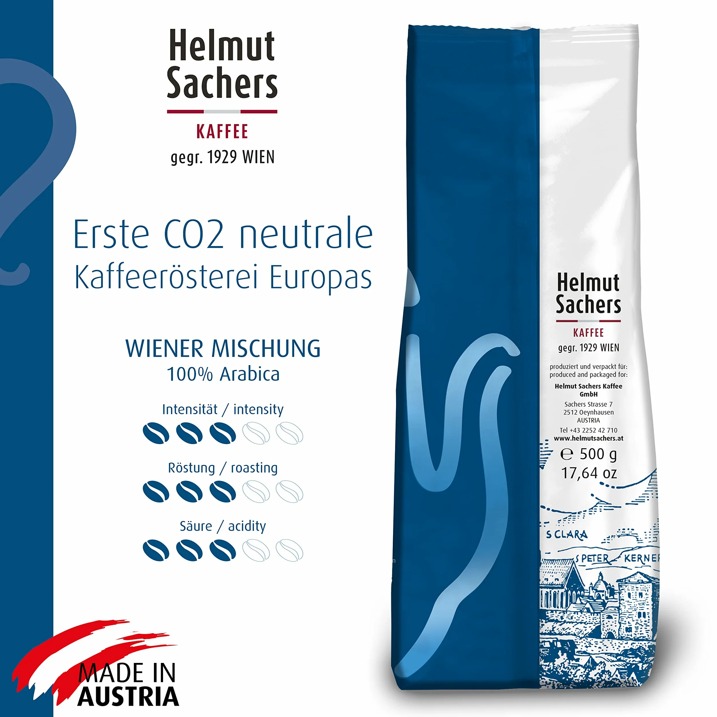 Helmut Sachers Kaffee - Mezcla vienesa, intensidad 3/5, 100% arábica, granos de café enteros, 6 x 500 g