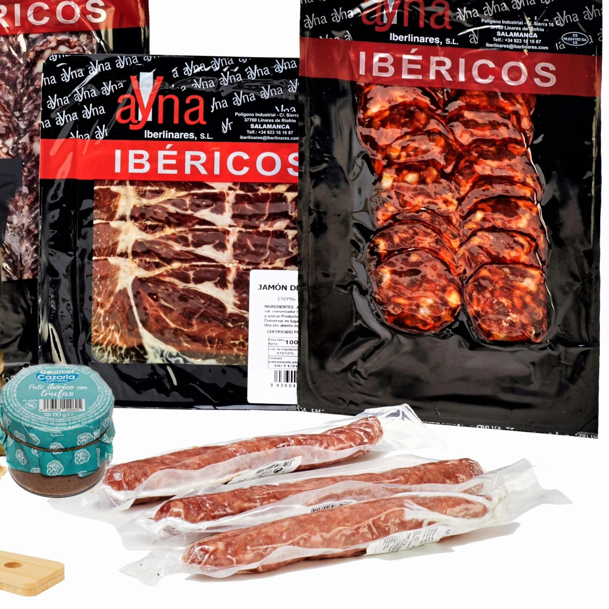 Caja Cesta Gourmet Regalo - Lote embutidos Ibericos salchichón chorizo y jamon + Pate Iberico de Trufa y Pedro Ximenez + 3 piezas Fuets +Aceite Oliva Virgen Extra + Picos Artesanos