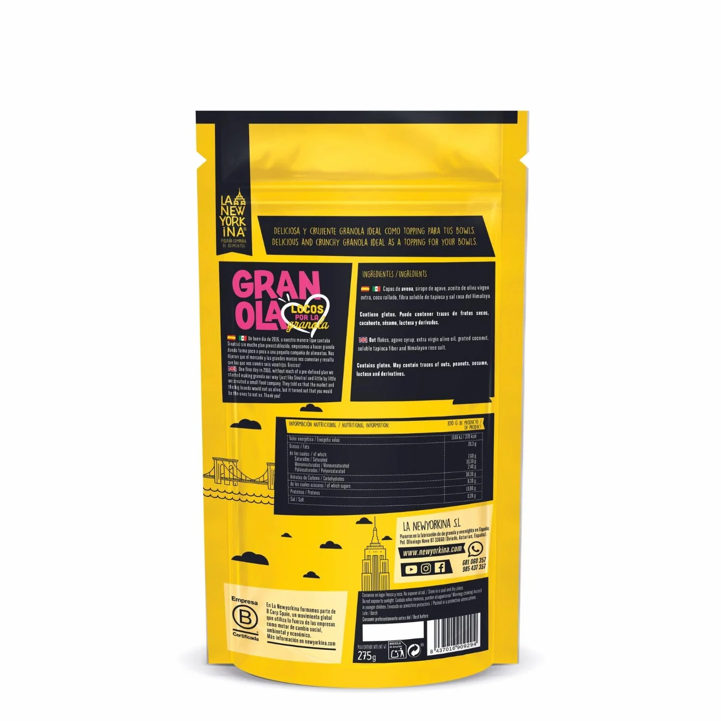 La Newyorkina Granola Bowl Lovers 275g Con Sirope de Agave y Coco Rallado (2 paquetes)