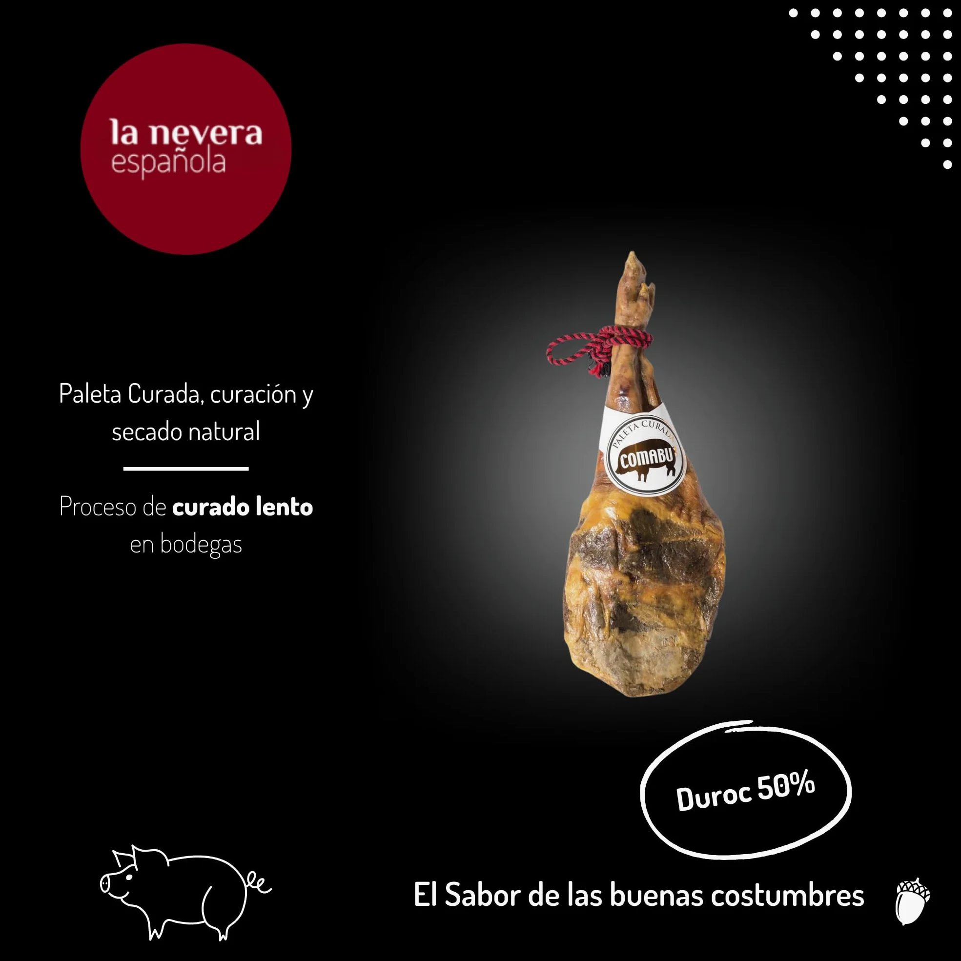 La Nevera Española | Paleta Curada, Jamonero, Cuchillo y Delantal | Peso 4,5 KG | Curación Mínima 10 meses | Jamones Comabu | El Jamón de la Nevera Española