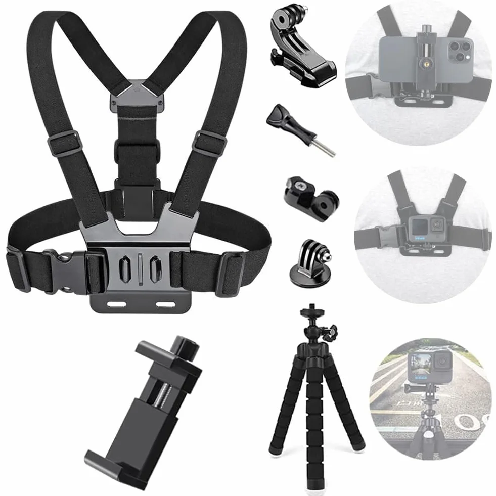 Arnés de Pecho Ajustable con Soporte Móvil y Trípode para DJI, GoPro y Cámaras de Acción