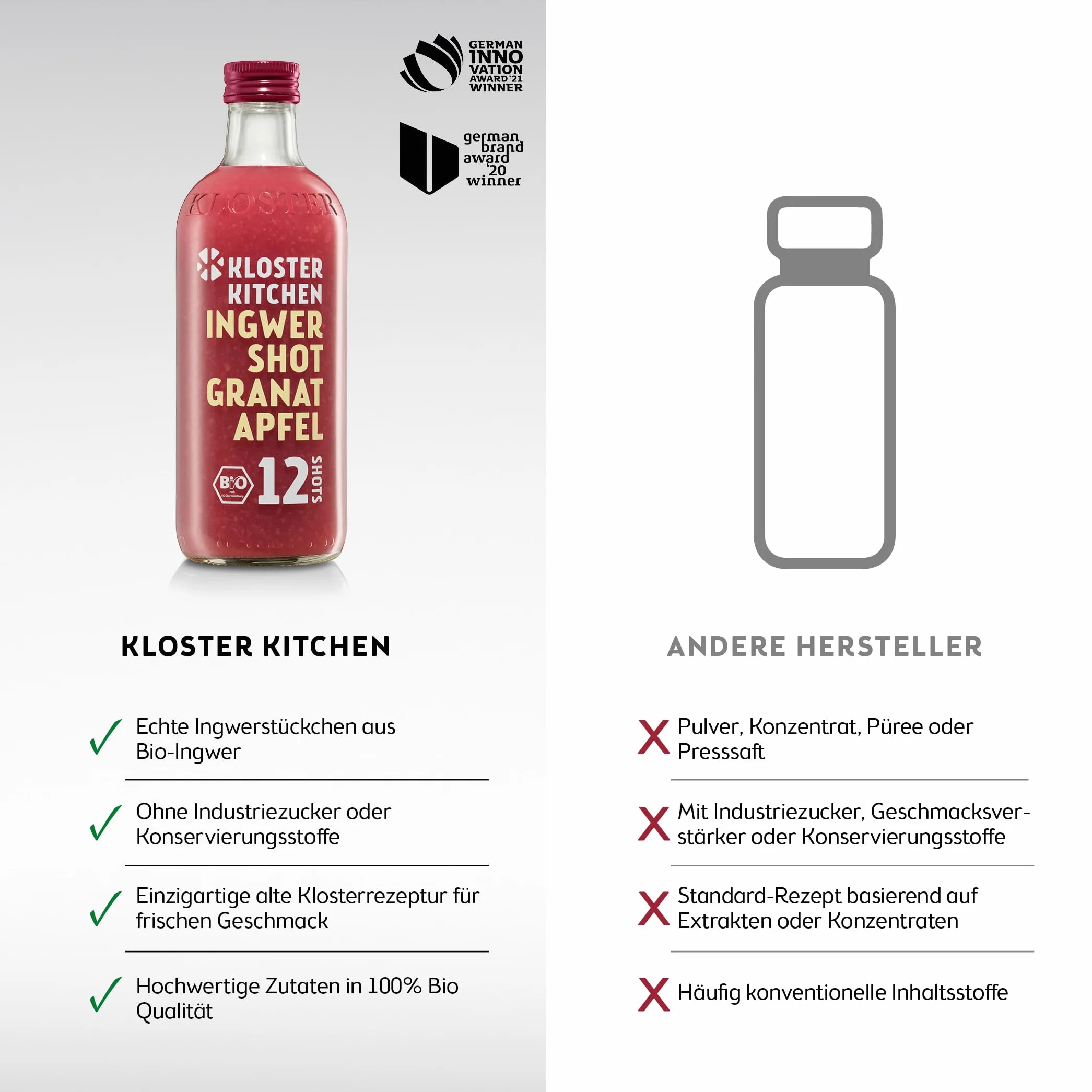 Kloster Kitchen Jengibre Shot 12SHOTS 6 x 360 ml, con trozos de jengibre, vegano